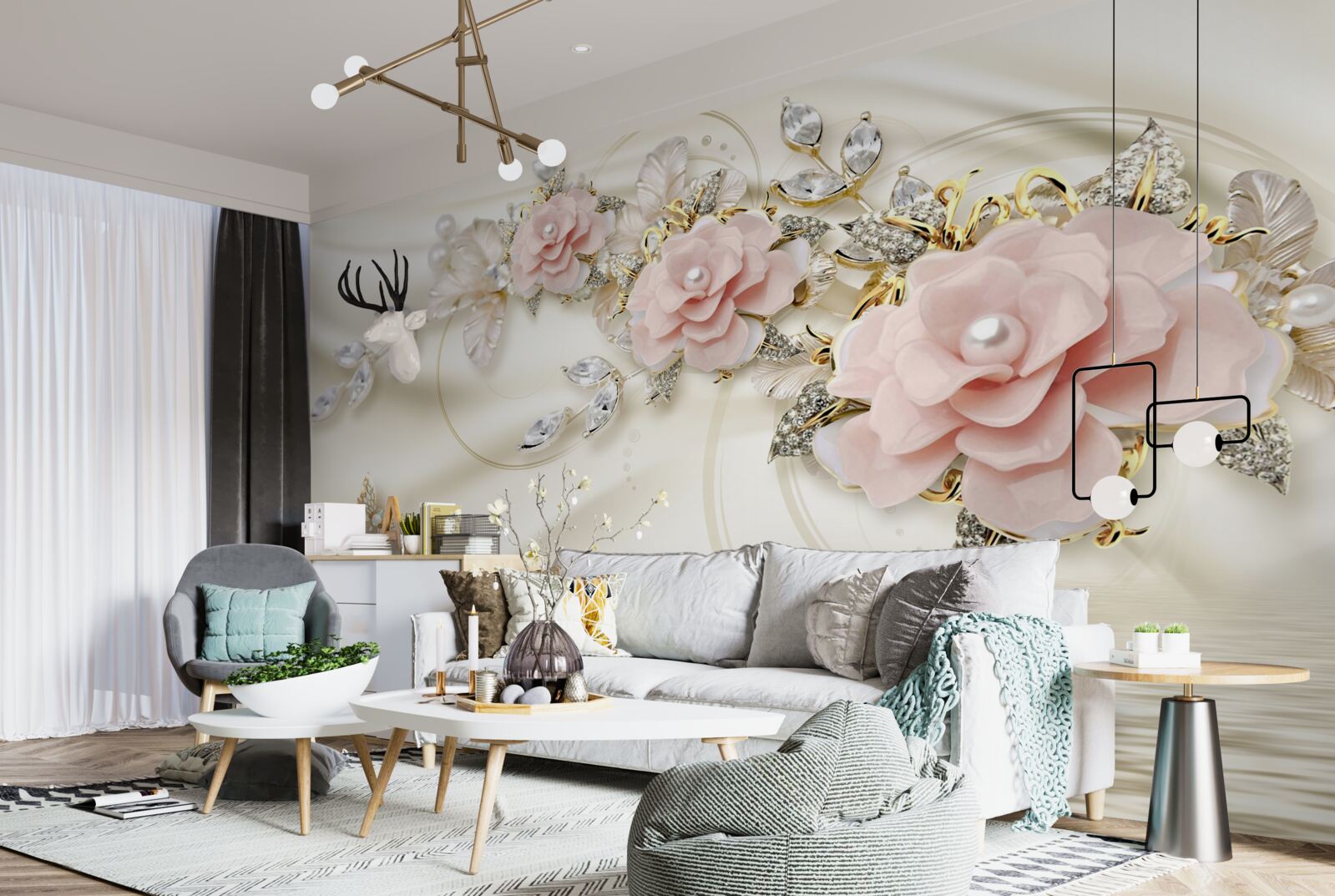 Fotobehang boven het water hangt een tak met roze bloemen, versierd met parels