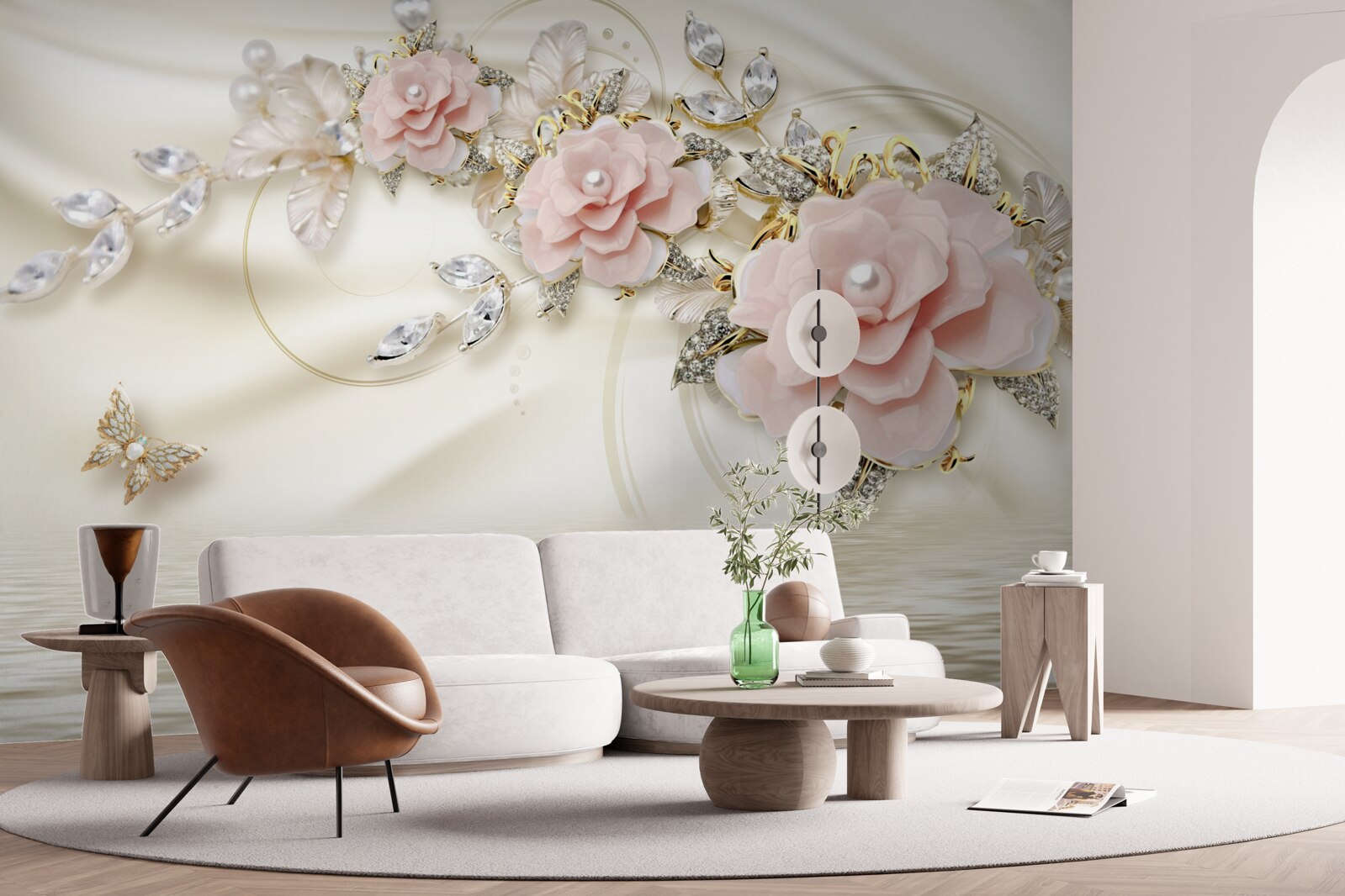 Fotobehang boven het water hangt een tak met roze bloemen, versierd met parels