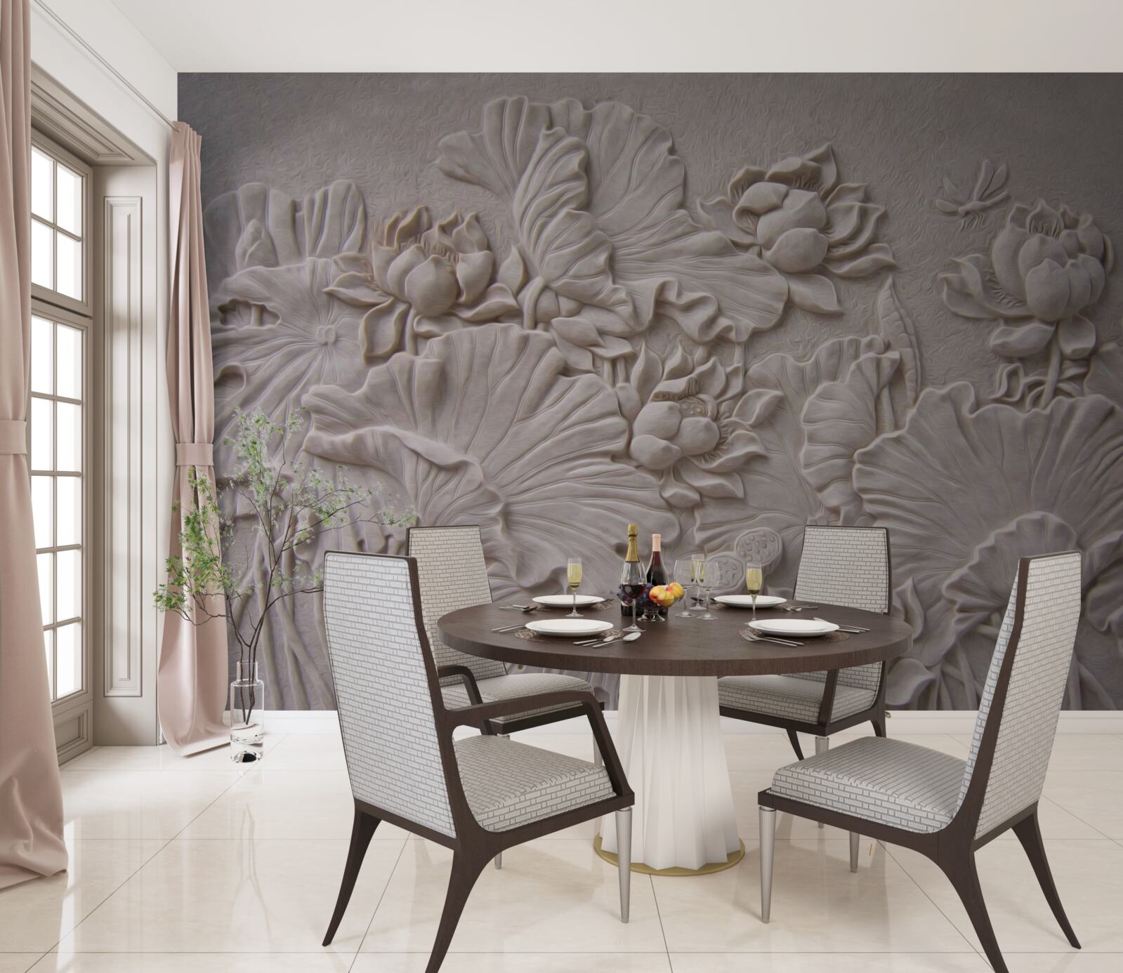 Fotobehang kleireliëf versierd met afbeeldingen van bloemen en planten