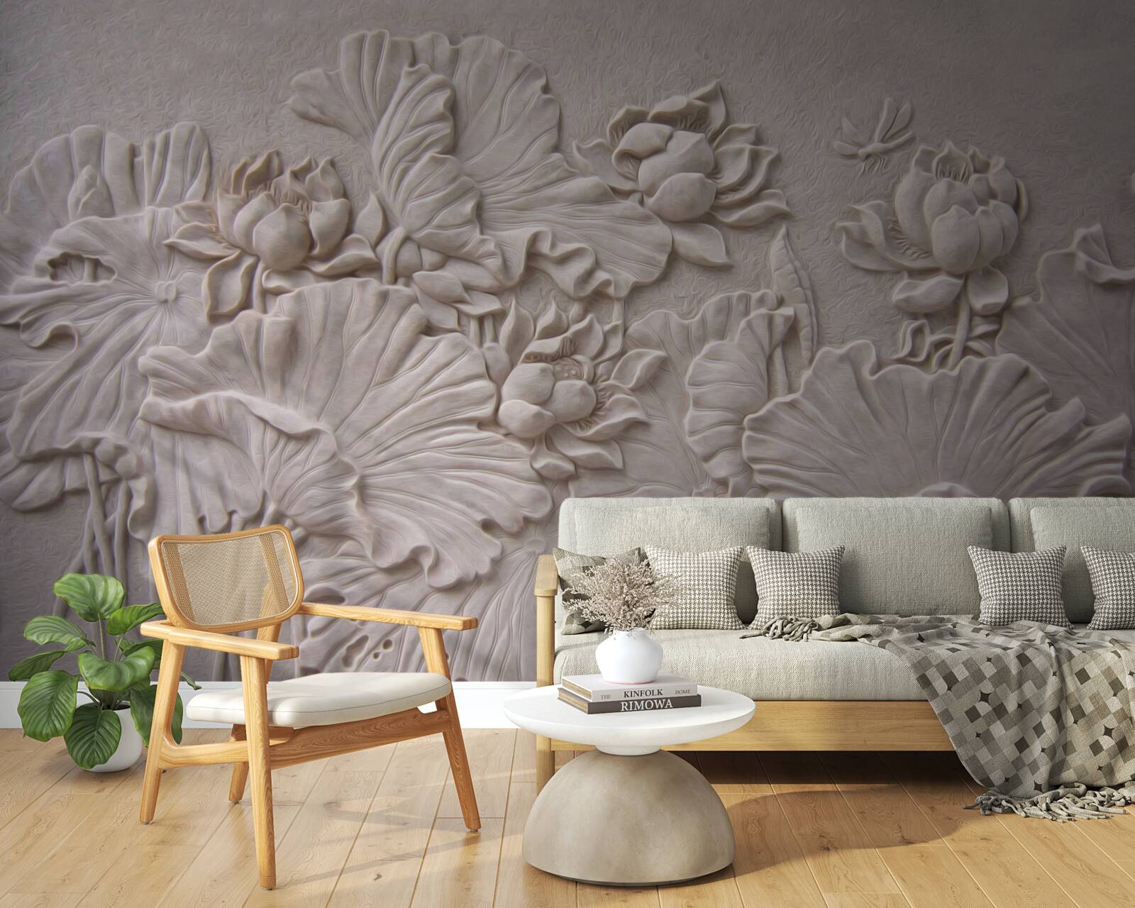 Fotobehang kleireliëf versierd met afbeeldingen van bloemen en planten