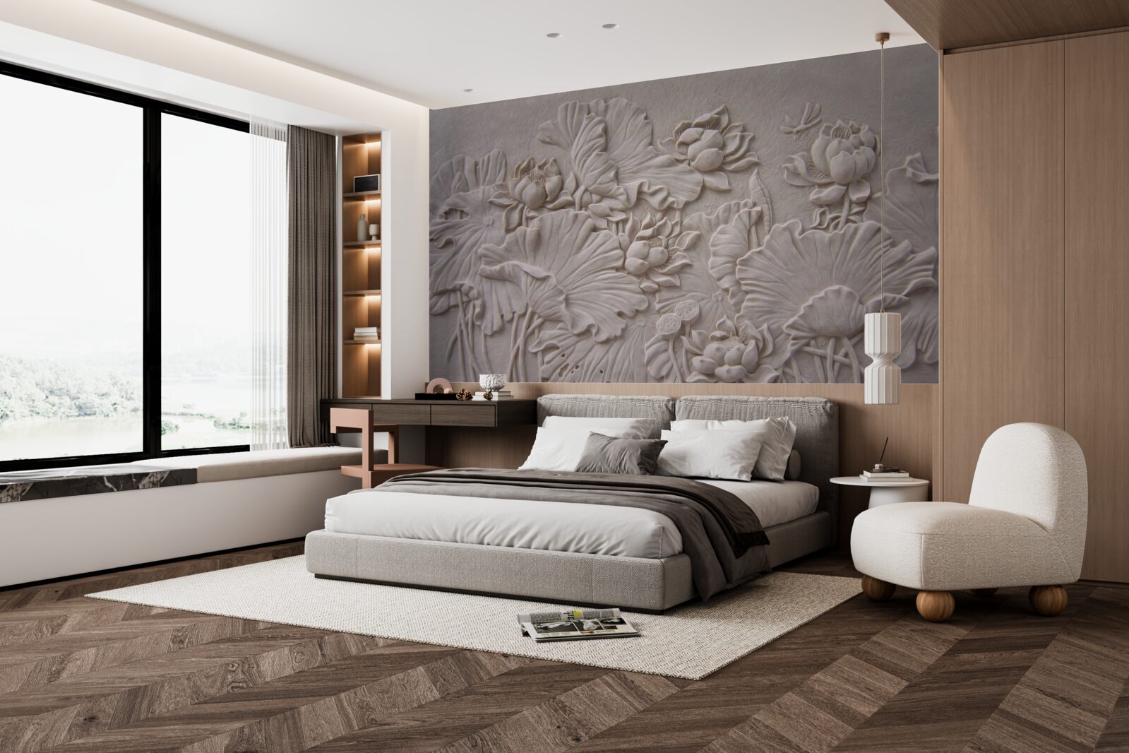 Fotobehang kleireliëf versierd met afbeeldingen van bloemen en planten