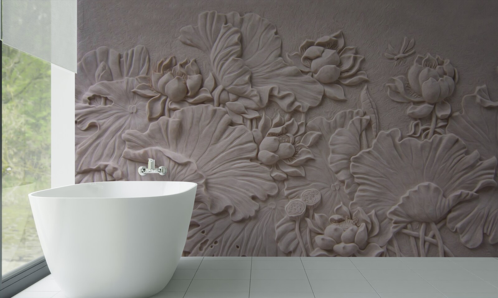 Fotobehang kleireliëf versierd met afbeeldingen van bloemen en planten