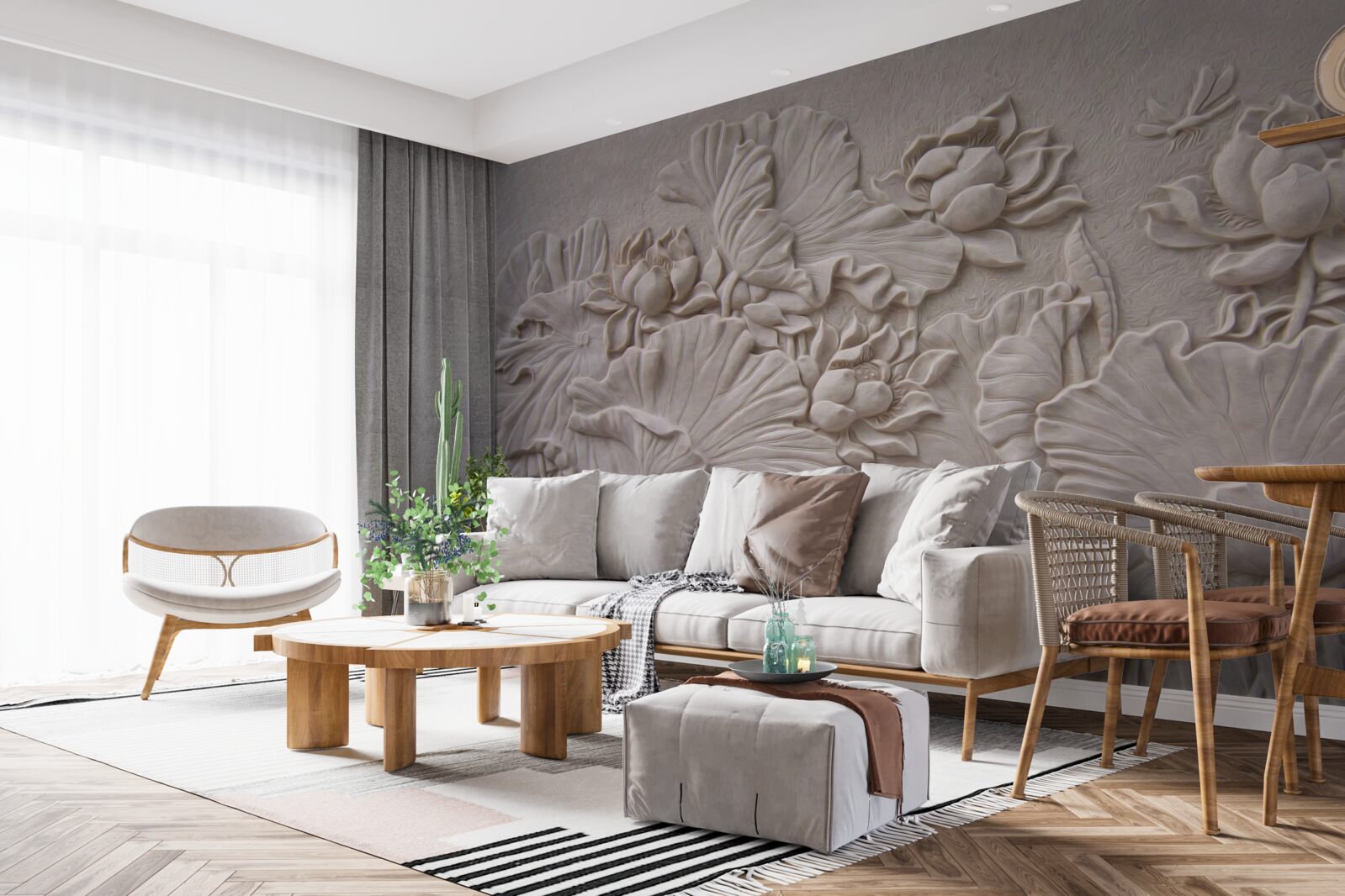 Fotobehang kleireliëf versierd met afbeeldingen van bloemen en planten