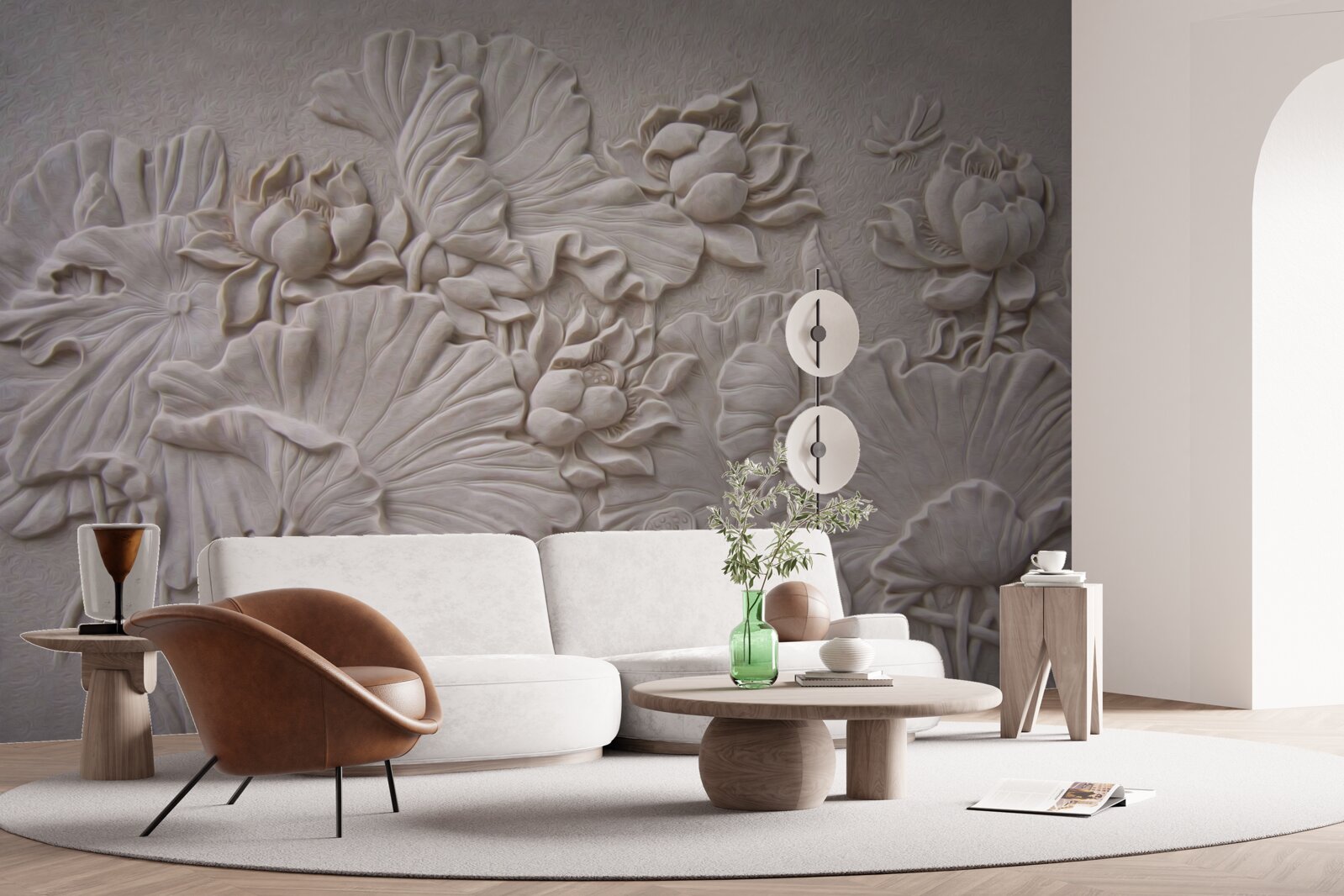 Fotobehang kleireliëf versierd met afbeeldingen van bloemen en planten