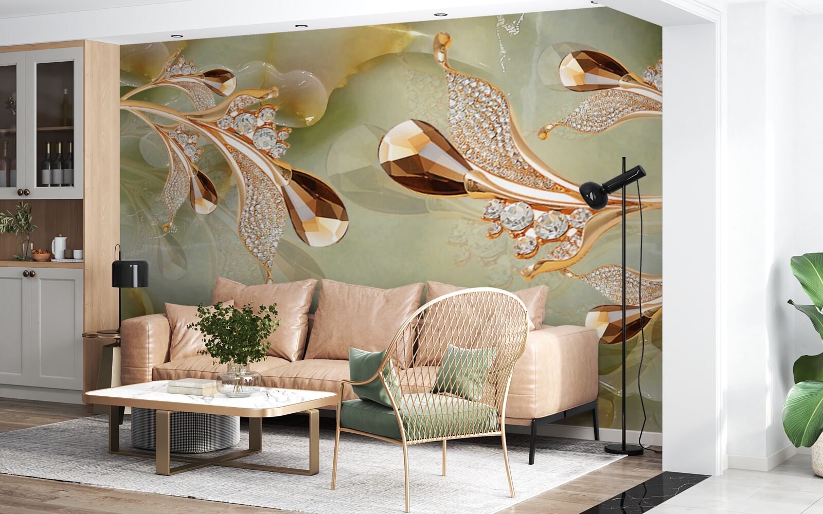 Fotobehang versierde gouden takken