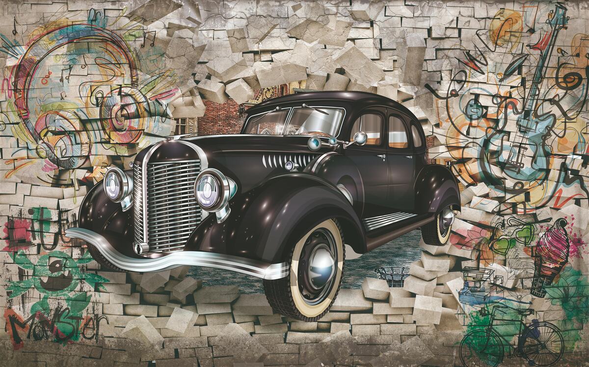 Fotobehang zwarte oldtimer aan de muur
