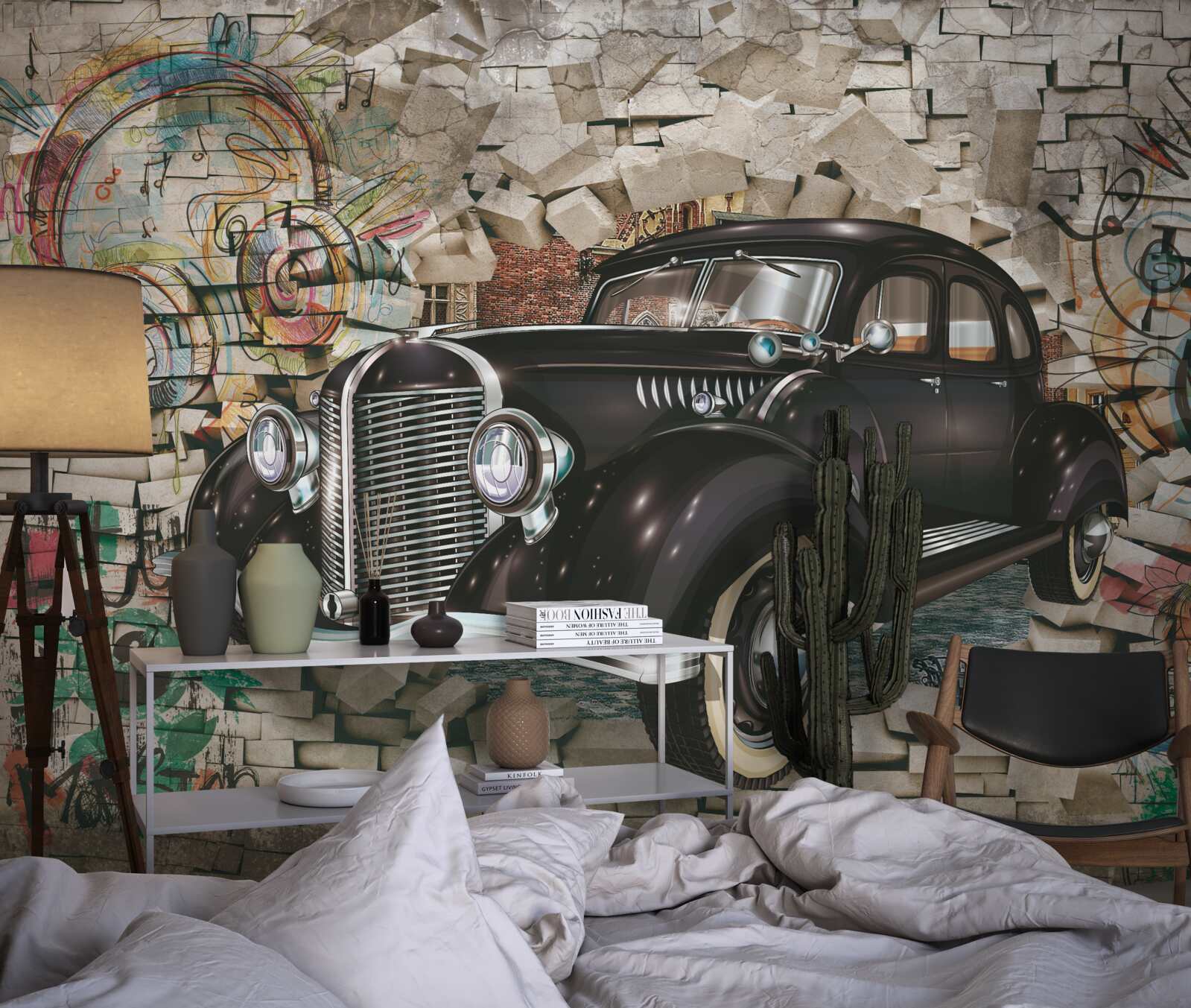 Fotobehang zwarte oldtimer aan de muur