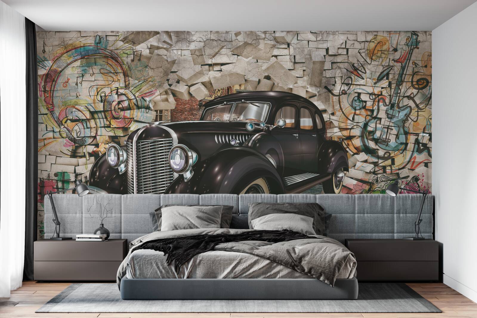 Fotobehang zwarte oldtimer aan de muur