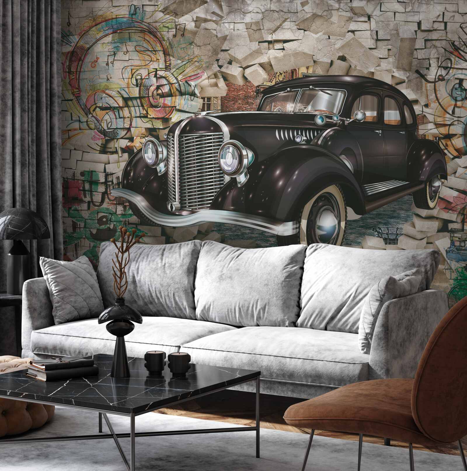 Fotobehang zwarte oldtimer aan de muur