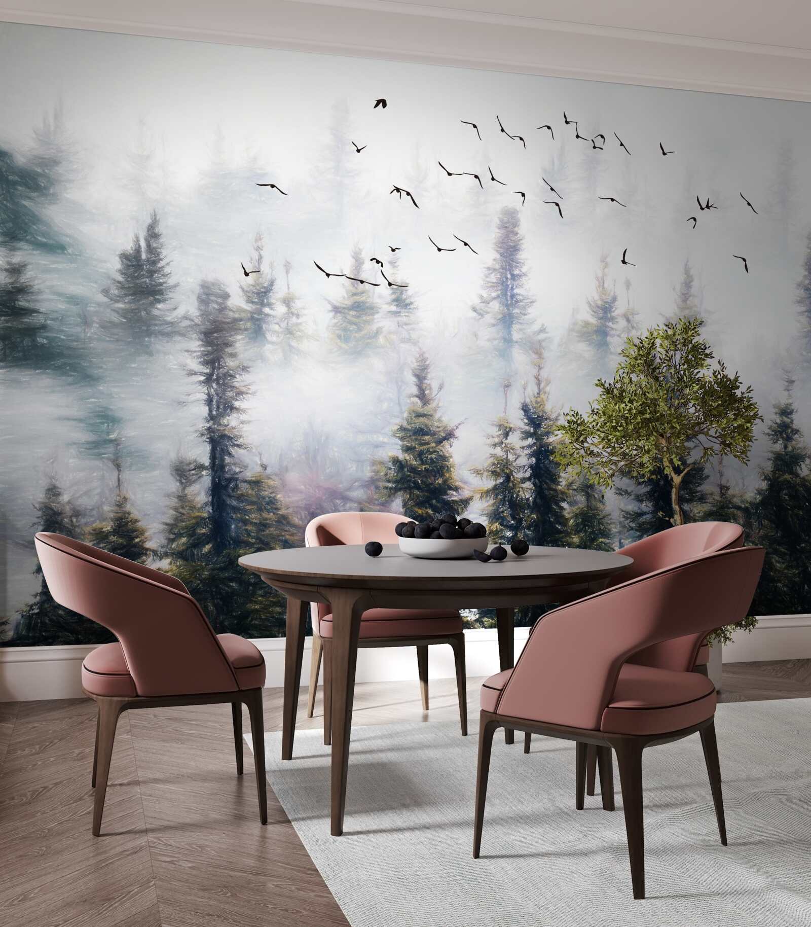 Fotobehang gevederde bewoners zweven over een mysterieus dennenbos omgeven door mist