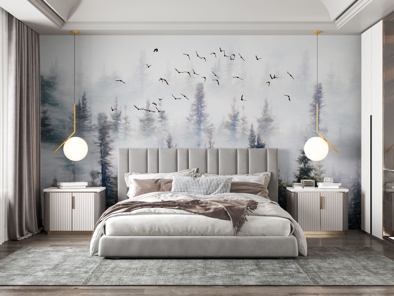 Fotobehang gevederde bewoners zweven over een mysterieus dennenbos omgeven door mist