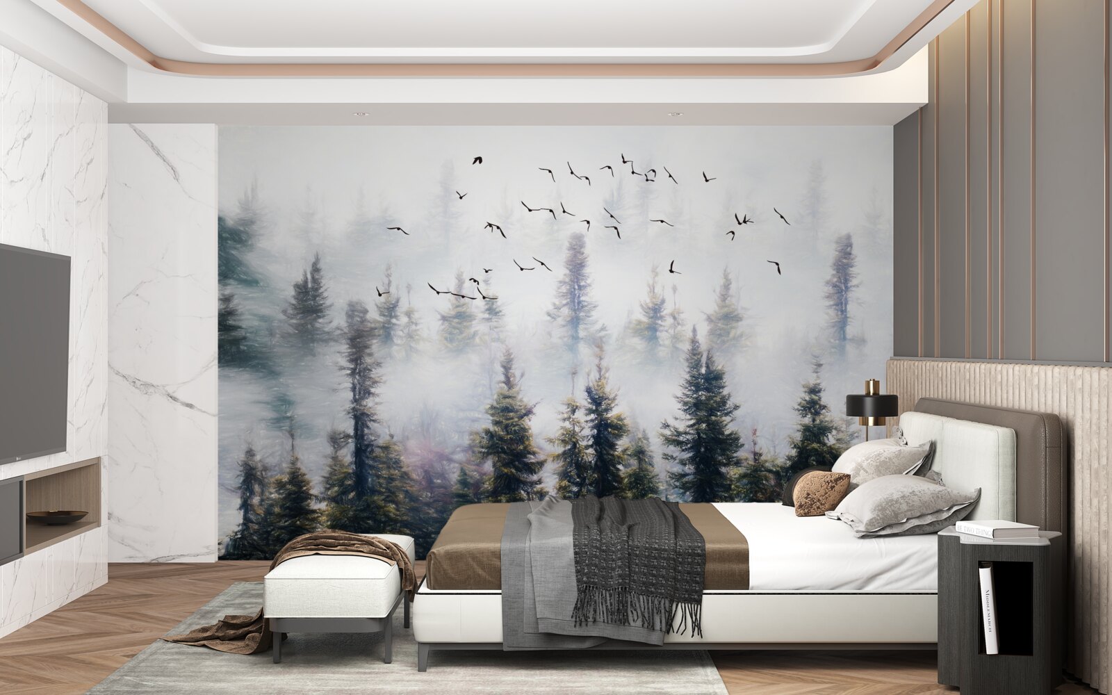 Fotobehang gevederde bewoners zweven over een mysterieus dennenbos omgeven door mist