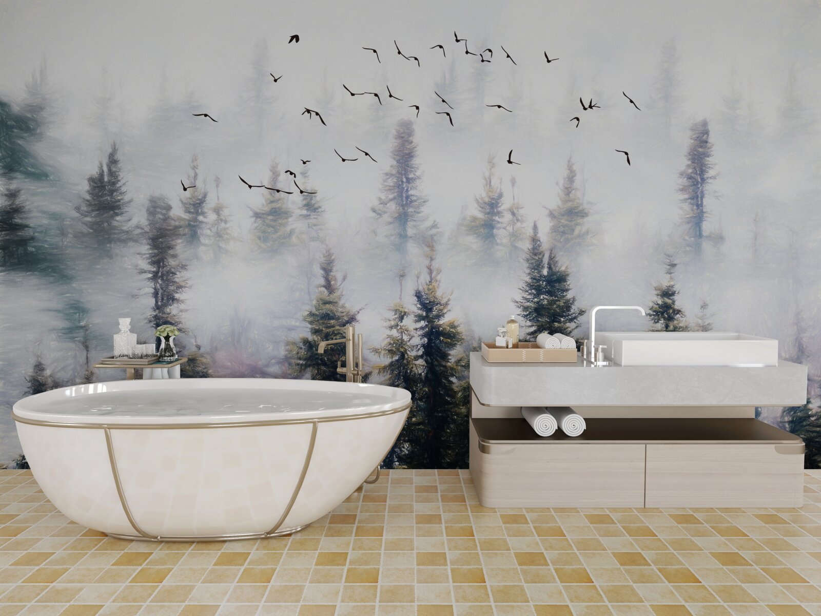 Fotobehang gevederde bewoners zweven over een mysterieus dennenbos omgeven door mist