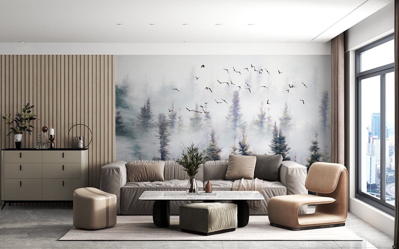 Fotobehang gevederde bewoners zweven over een mysterieus dennenbos omgeven door mist