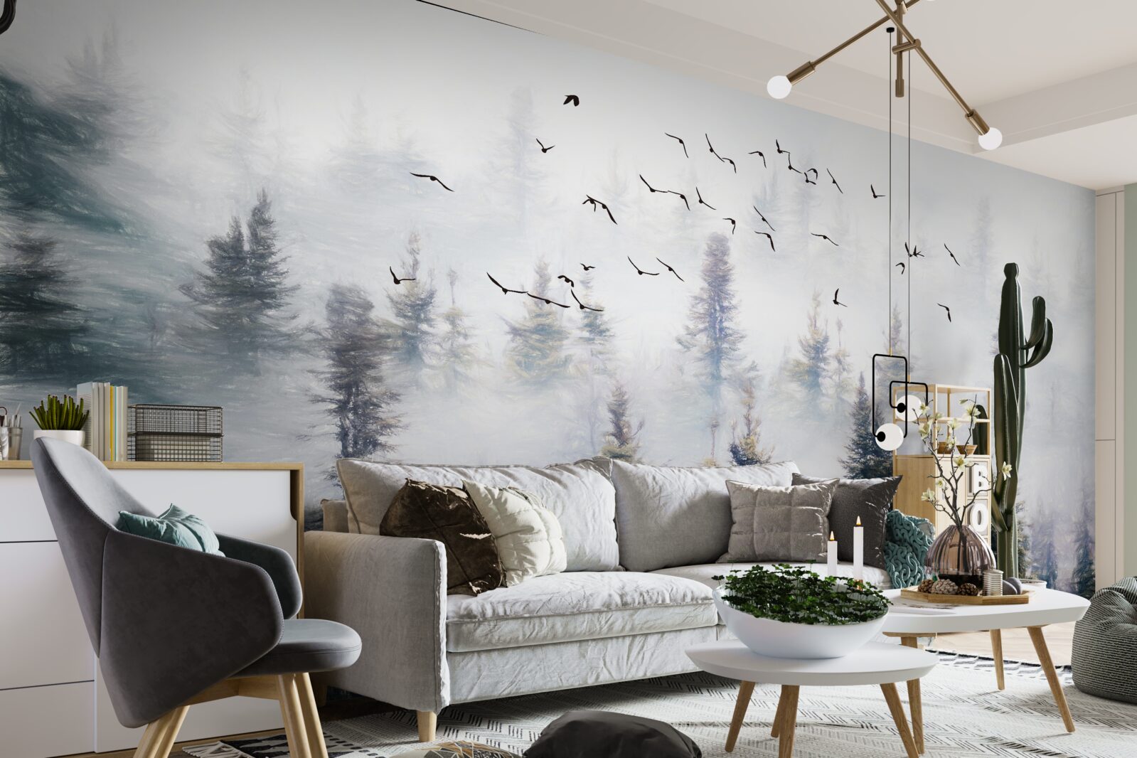 Fotobehang gevederde bewoners zweven over een mysterieus dennenbos omgeven door mist