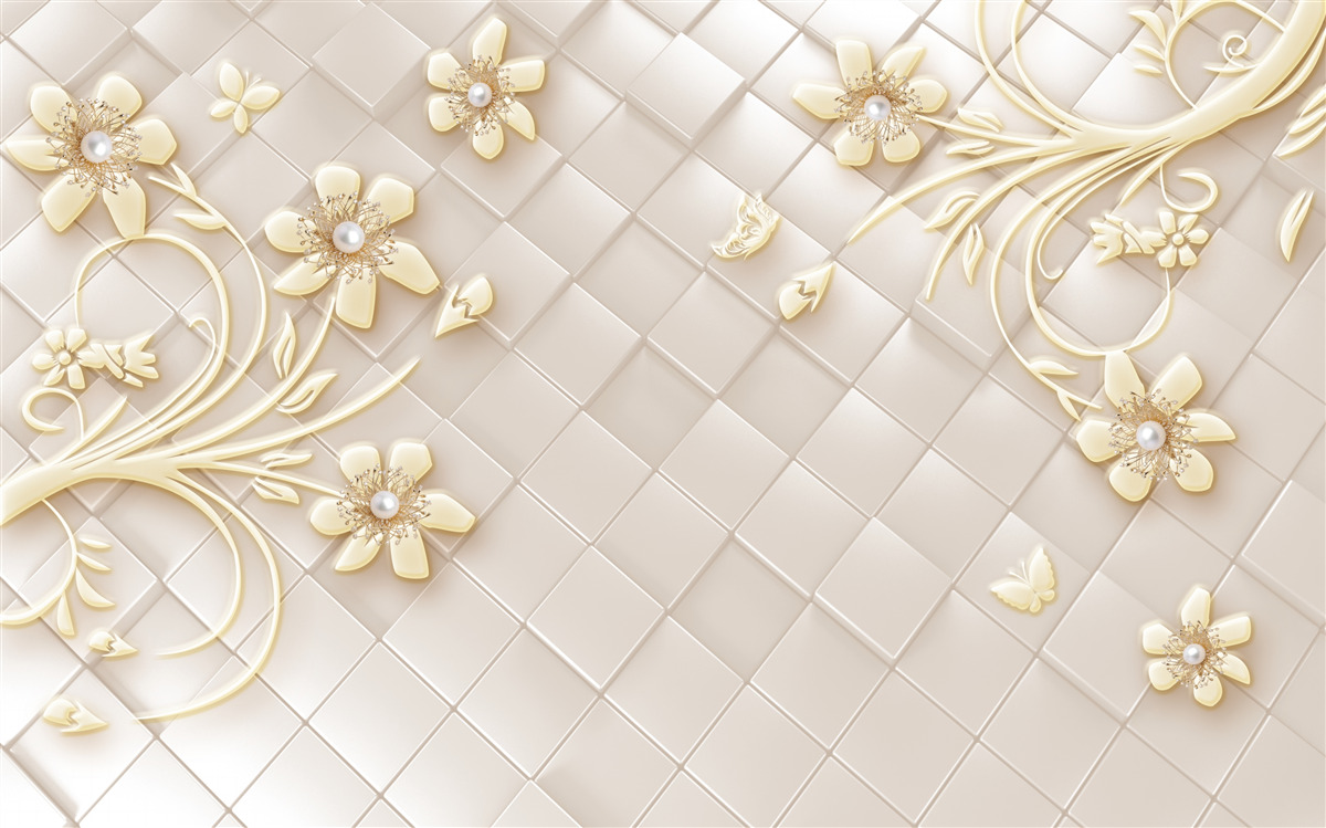 Fotobehang bloemen en gouden takken op een achtergrond van geometrische ruitjes