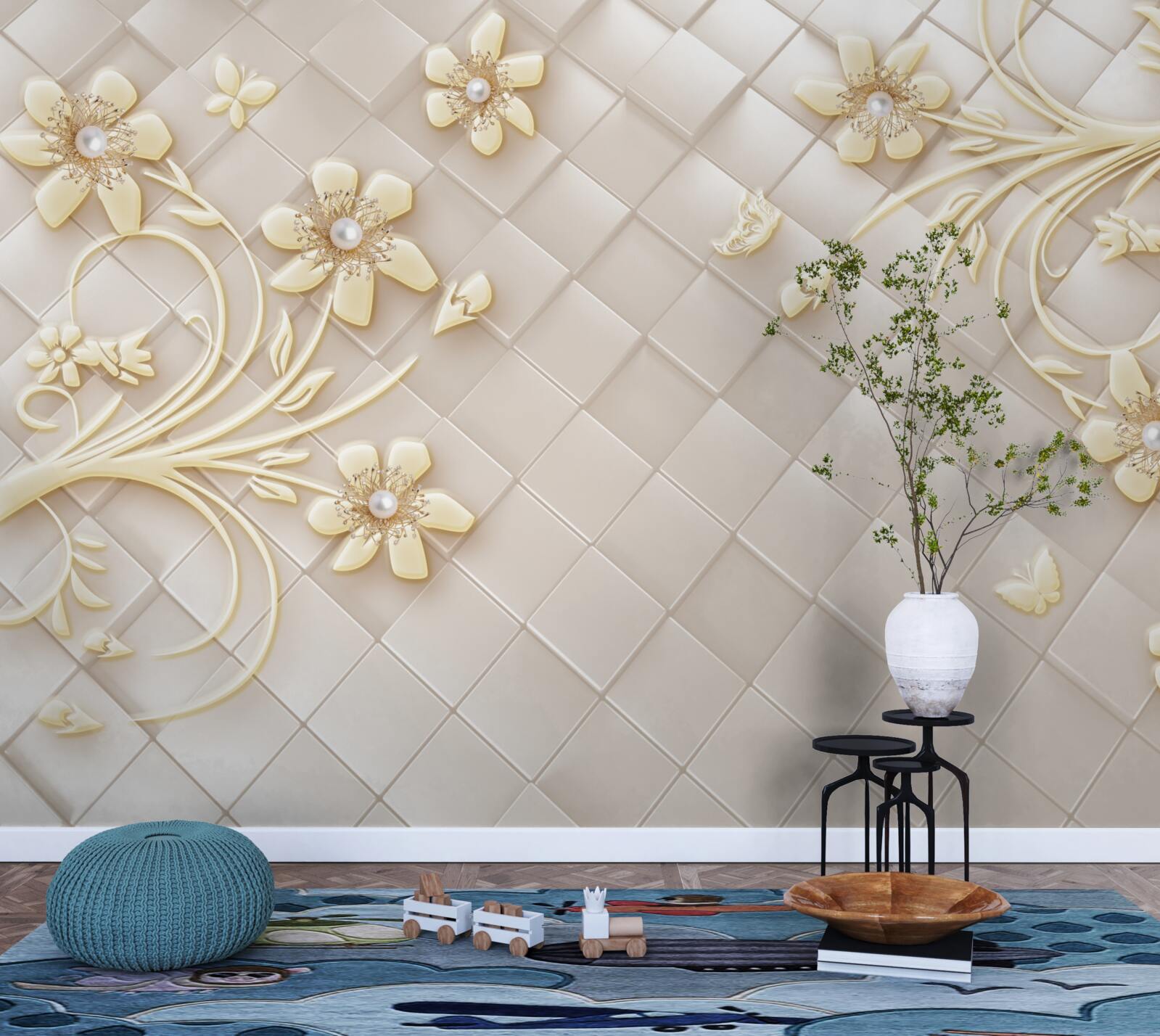 Fotobehang bloemen en gouden takken op een achtergrond van geometrische ruitjes