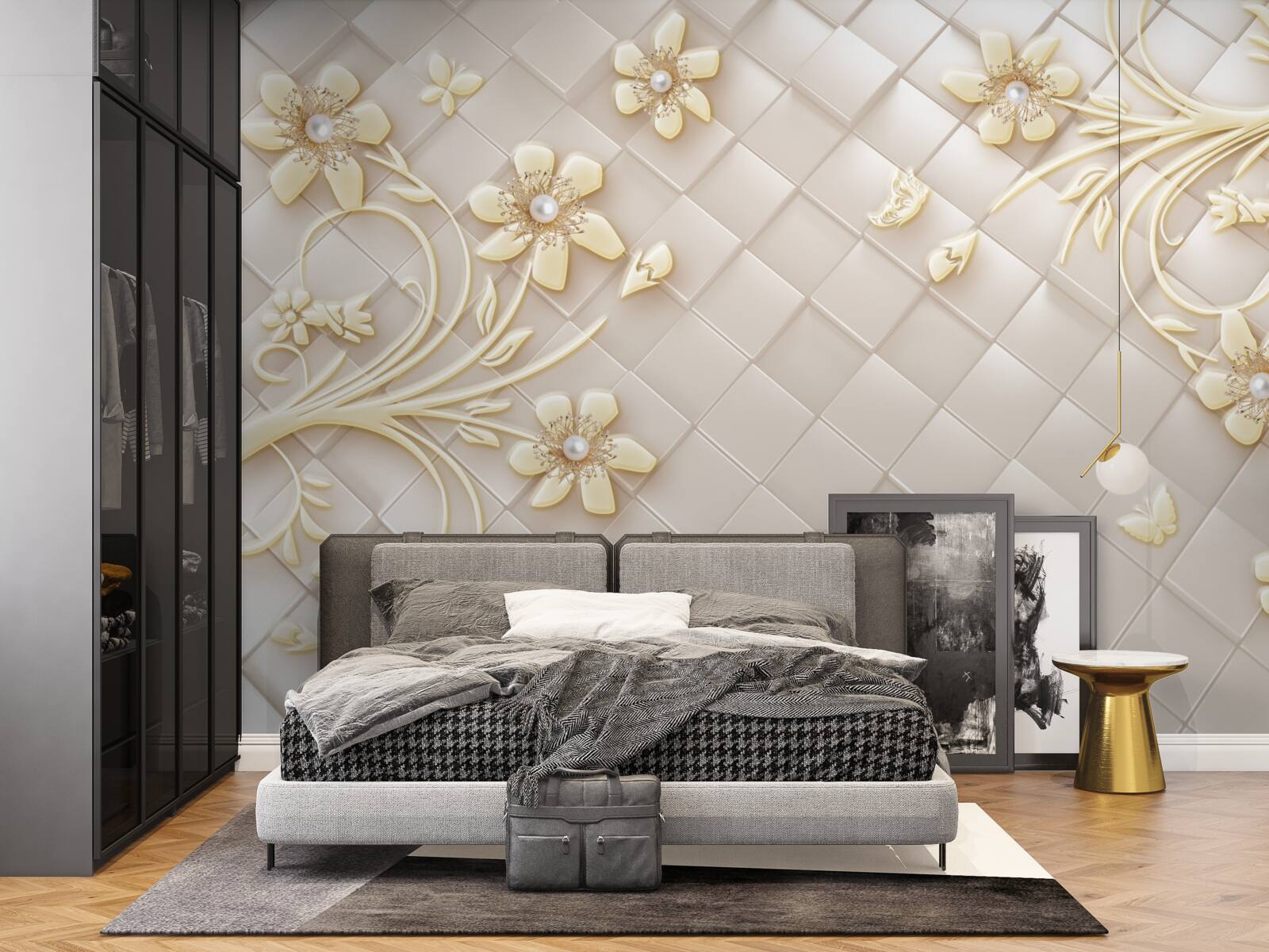 Fotobehang bloemen en gouden takken op een achtergrond van geometrische ruitjes