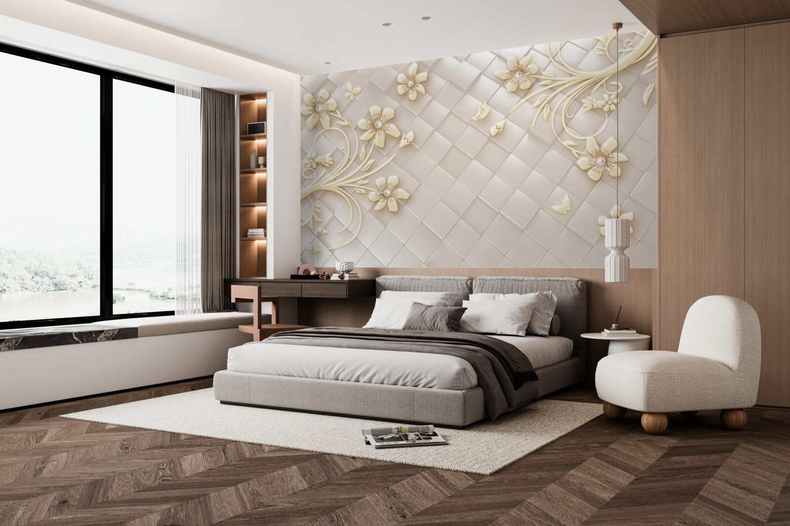 Fotobehang bloemen en gouden takken op een achtergrond van geometrische ruitjes