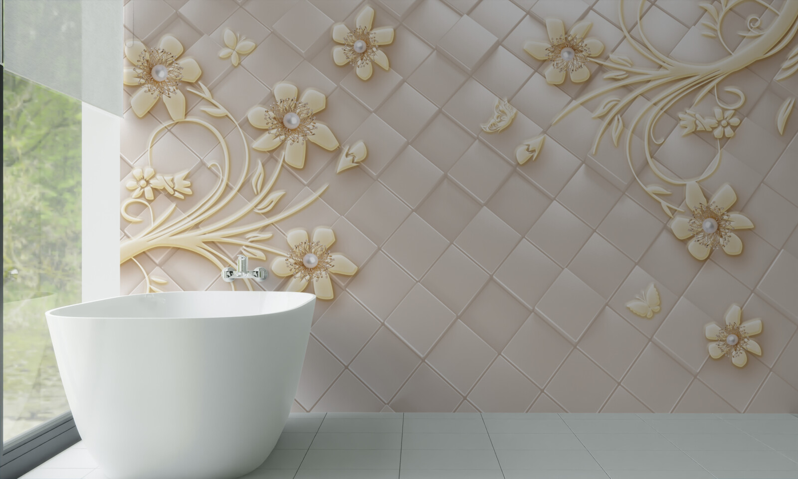 Fotobehang bloemen en gouden takken op een achtergrond van geometrische ruitjes