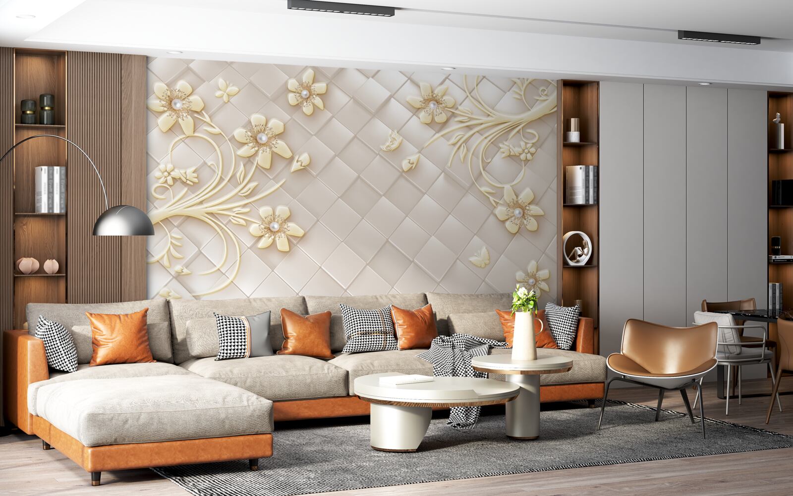 Fotobehang bloemen en gouden takken op een achtergrond van geometrische ruitjes