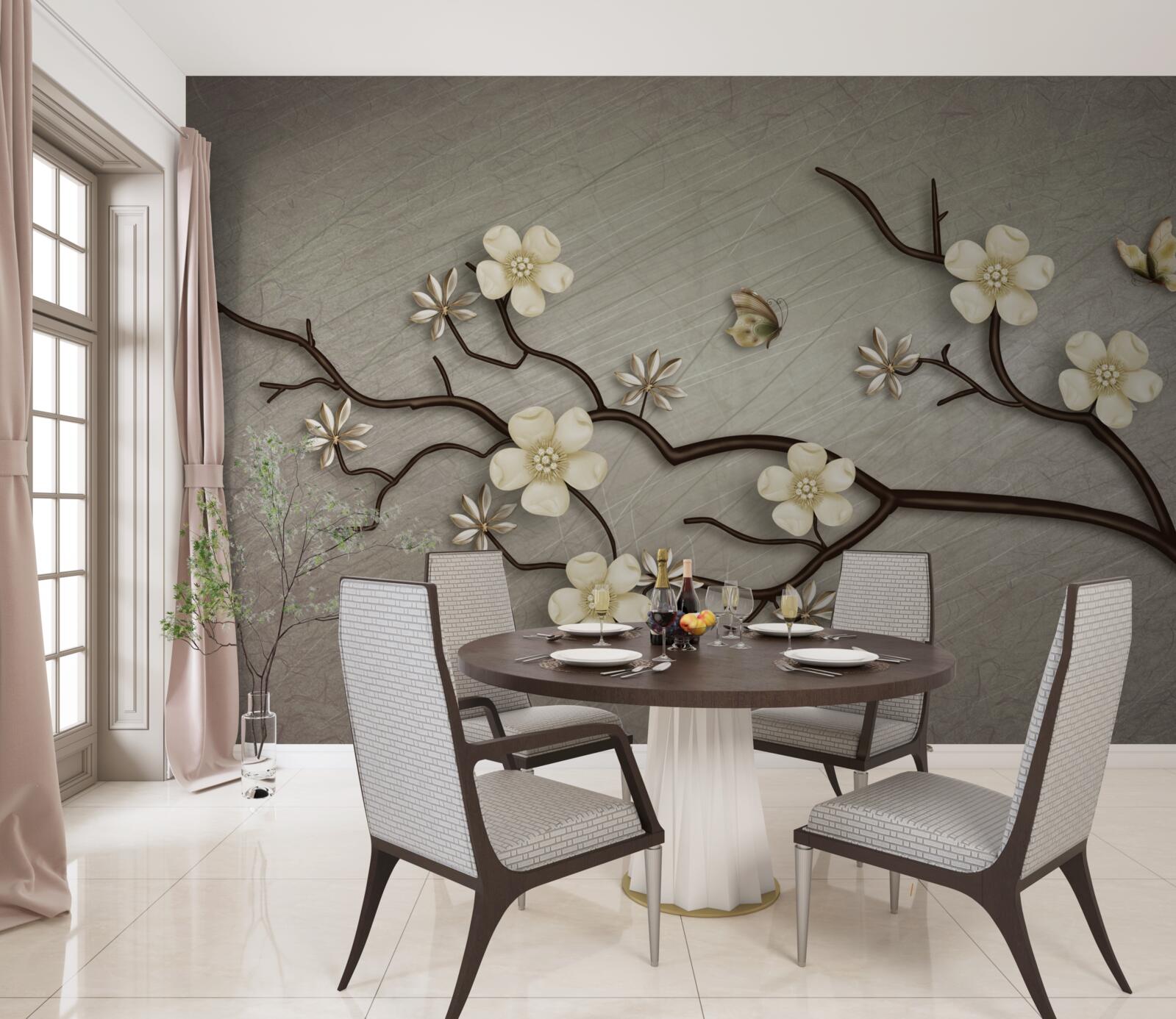 Fotobehang magnolia tak bloeiend met witte bloemen