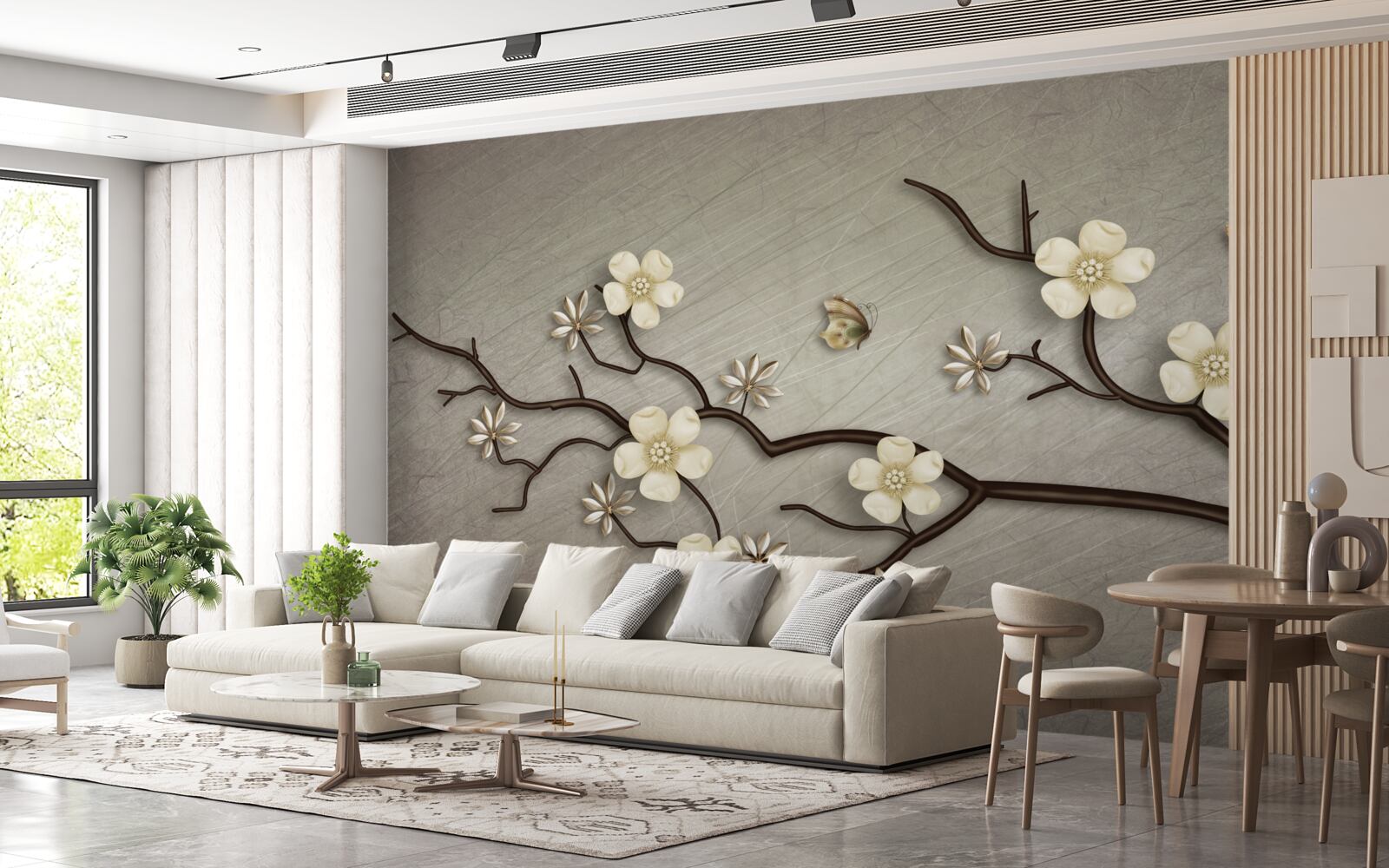 Fotobehang magnolia tak bloeiend met witte bloemen