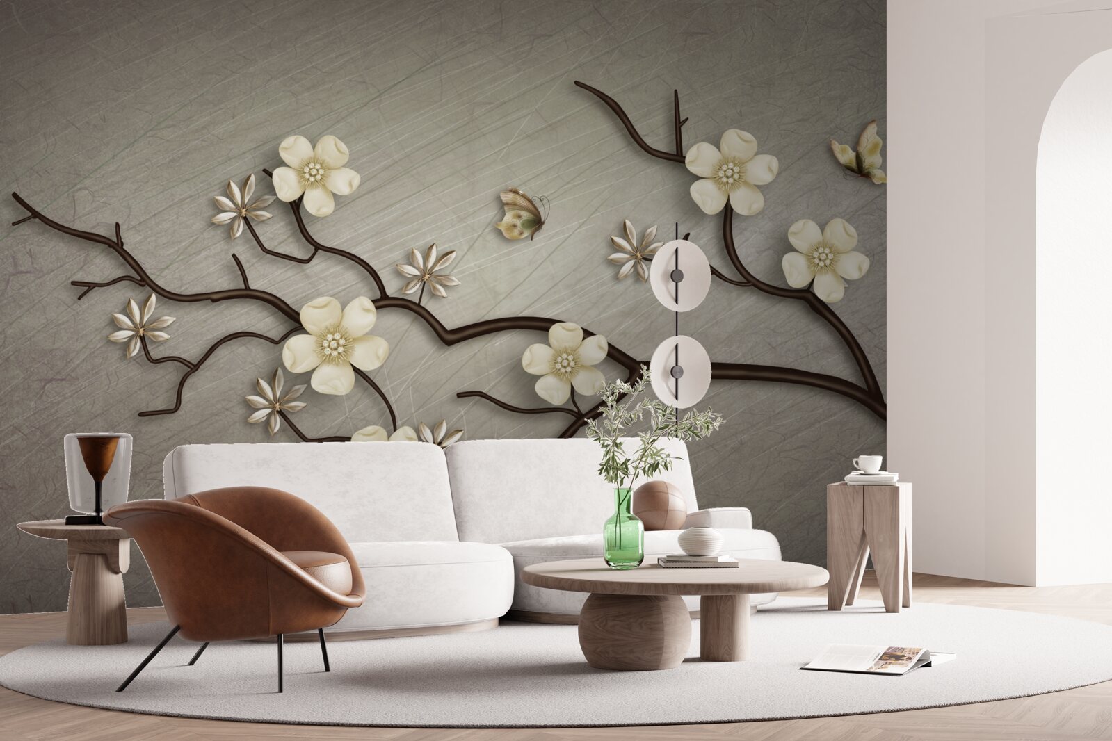 Fotobehang magnolia tak bloeiend met witte bloemen