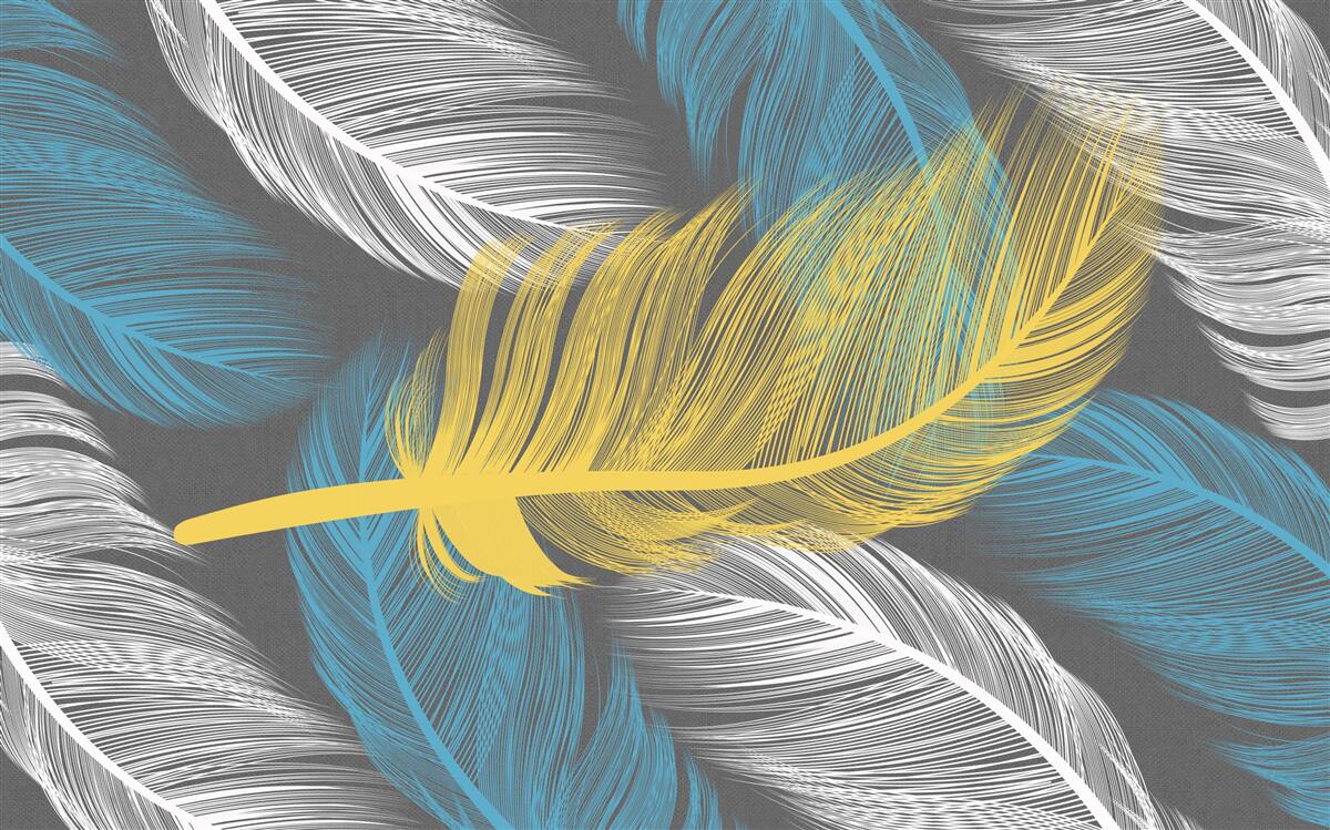 Fotobehang temidden van het wit en licht valt een gouden veer op