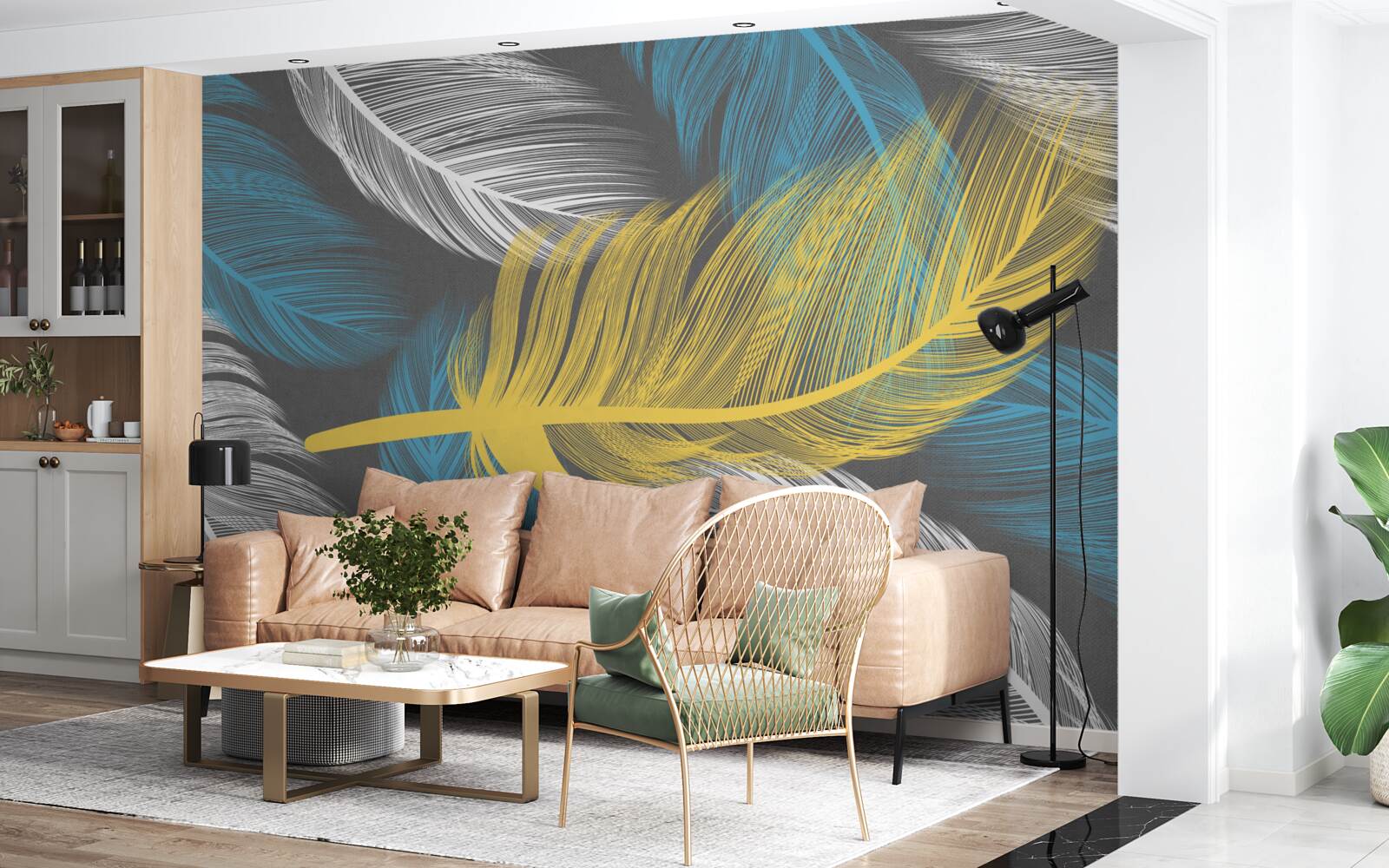 Fotobehang temidden van het wit en licht valt een gouden veer op