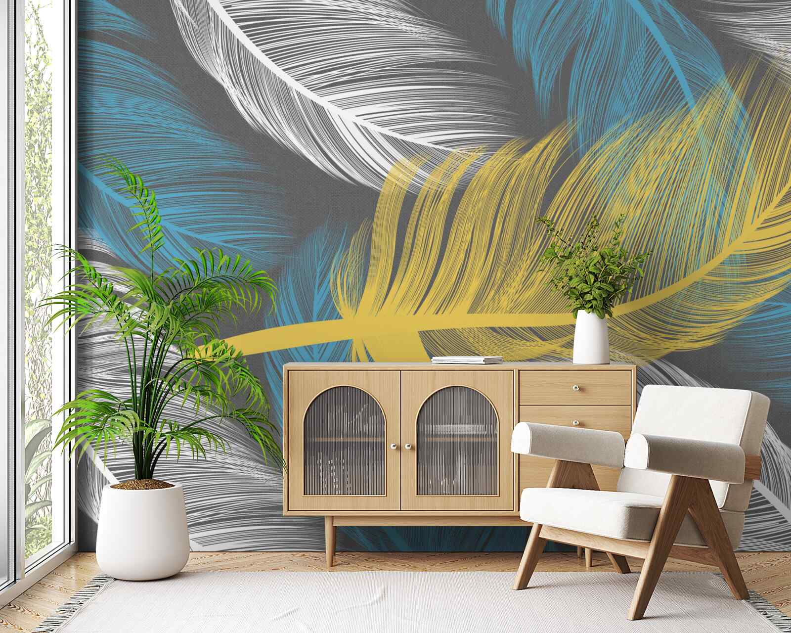 Fotobehang temidden van het wit en licht valt een gouden veer op