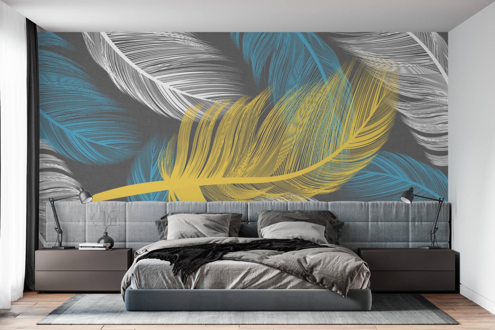 Fotobehang temidden van het wit en licht valt een gouden veer op