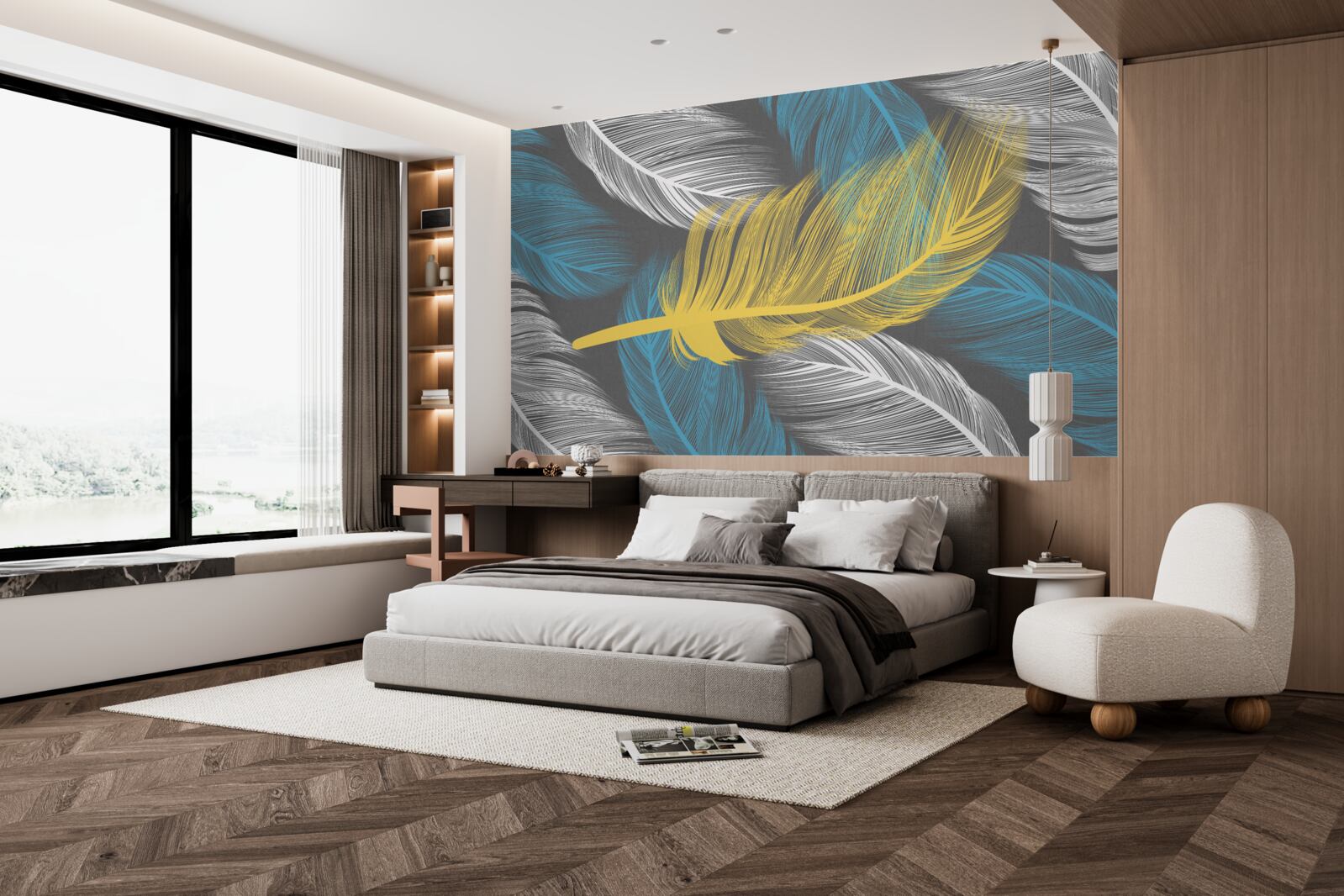 Fotobehang temidden van het wit en licht valt een gouden veer op