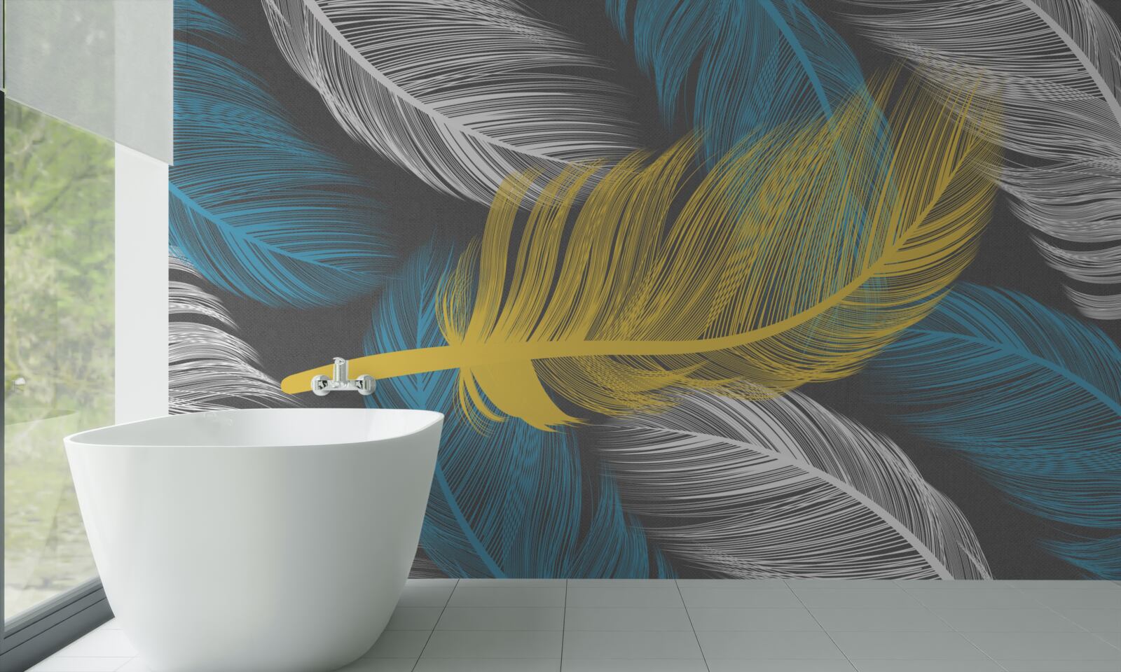 Fotobehang temidden van het wit en licht valt een gouden veer op