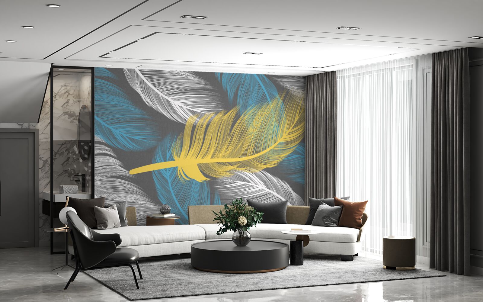 Fotobehang temidden van het wit en licht valt een gouden veer op