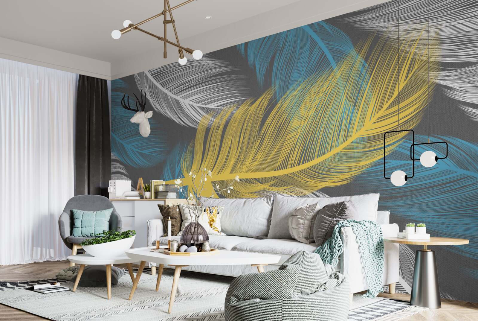 Fotobehang temidden van het wit en licht valt een gouden veer op