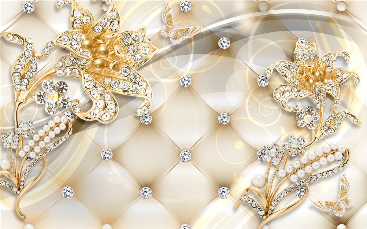 Fotobehang bloemornamenten met parel en goud