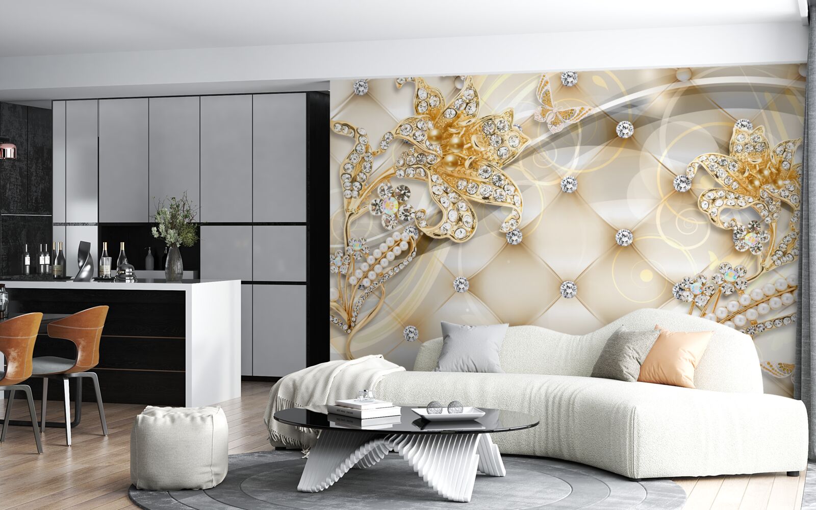 Fotobehang bloemornamenten met parel en goud