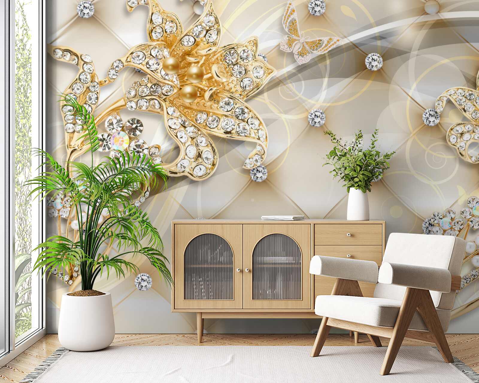 Fotobehang bloemornamenten met parel en goud