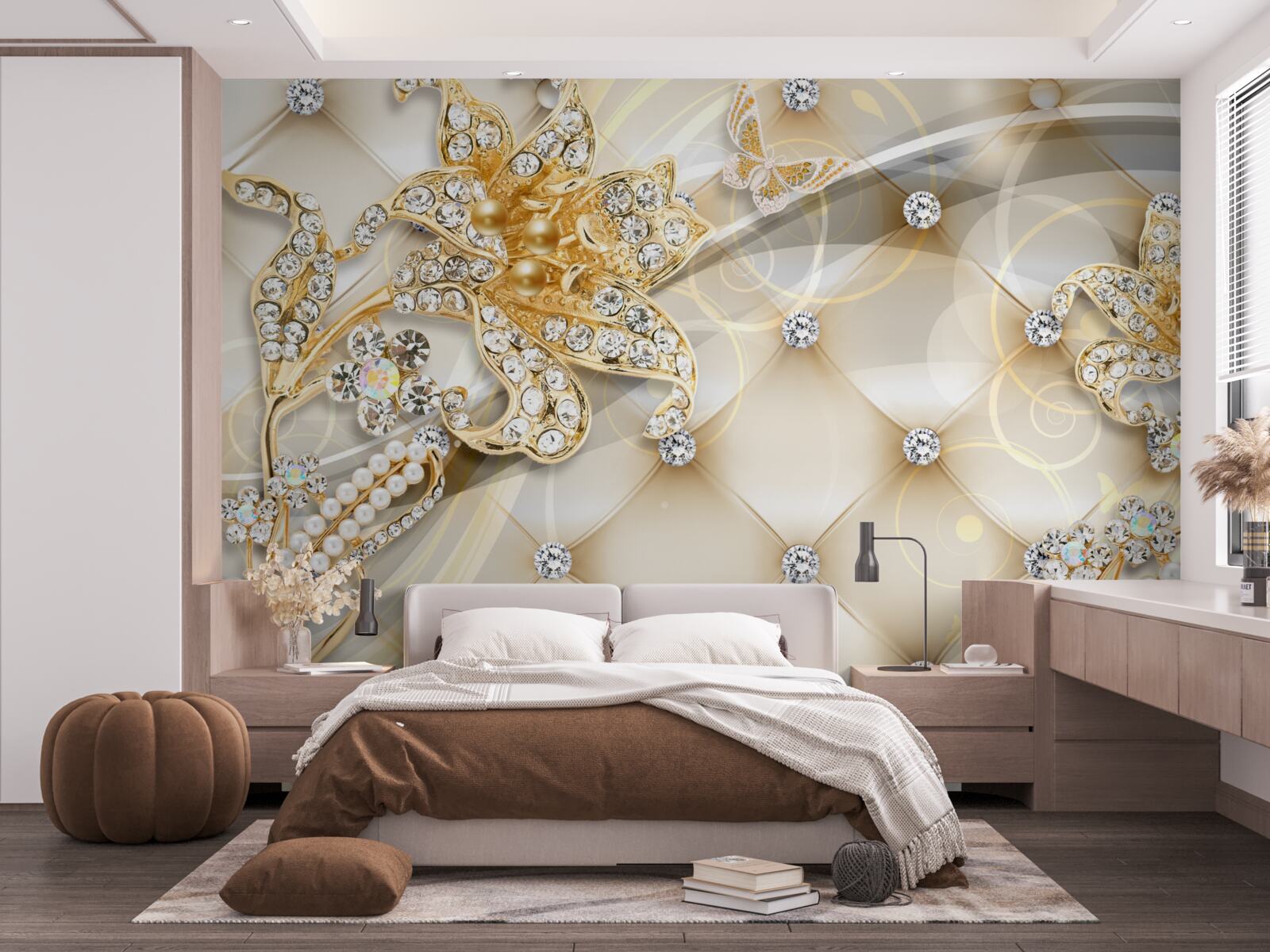 Fotobehang bloemornamenten met parel en goud