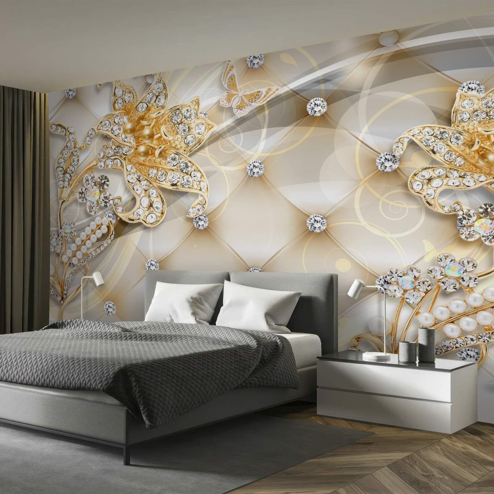 Fotobehang bloemornamenten met parel en goud