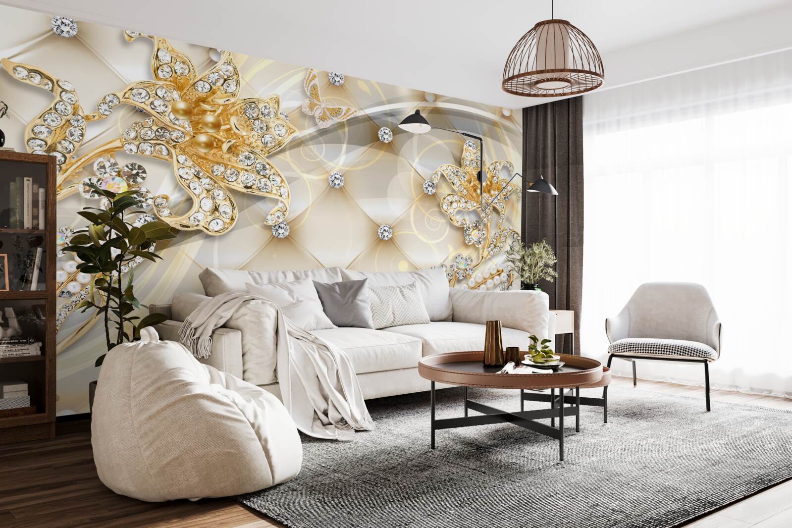 Fotobehang bloemornamenten met parel en goud