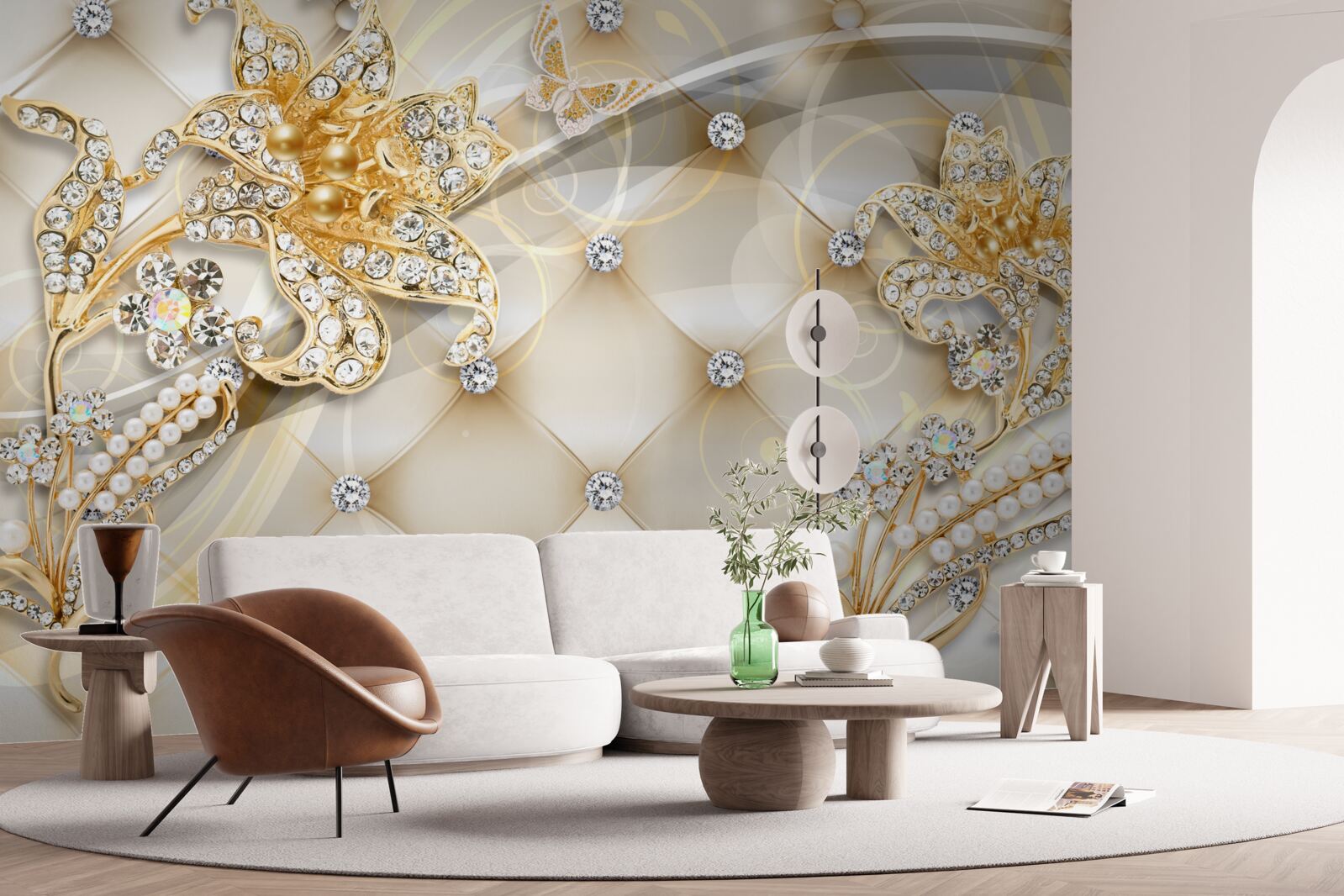 Fotobehang bloemornamenten met parel en goud