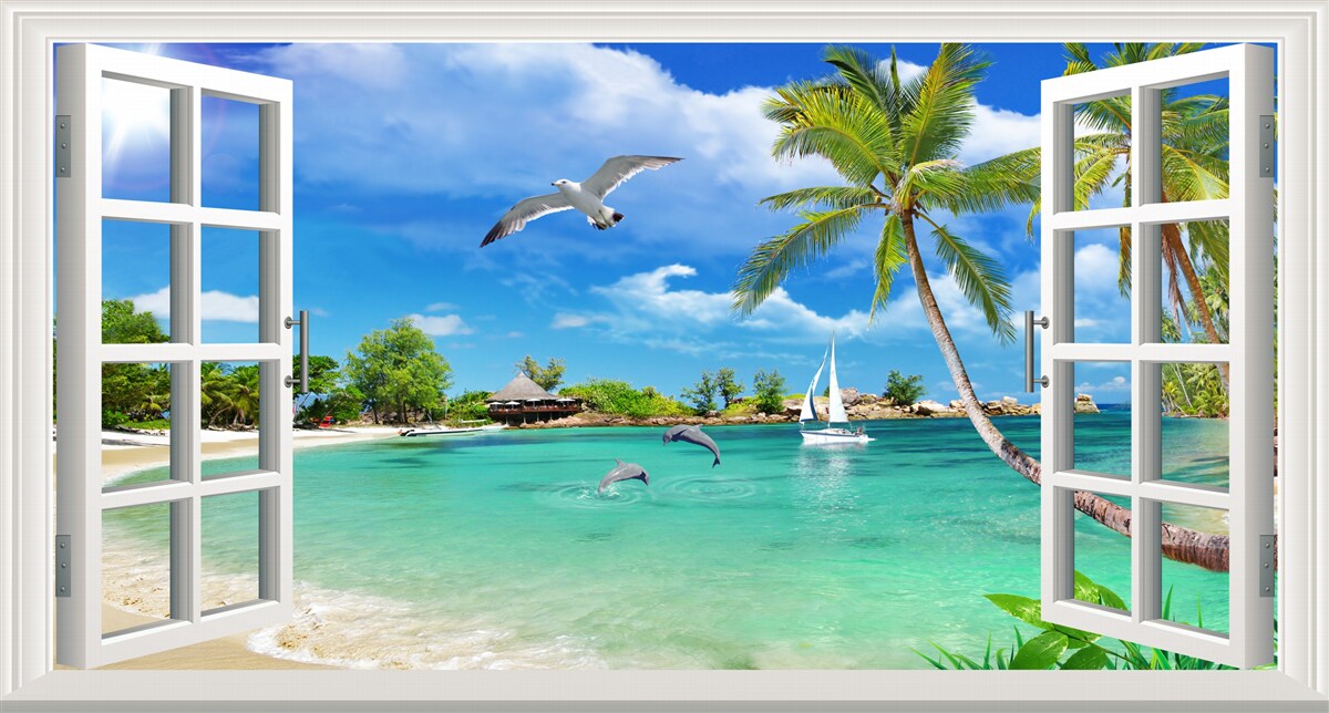 Fotobehang ramen met een ononderbroken uitzicht op het zandstrand en het water