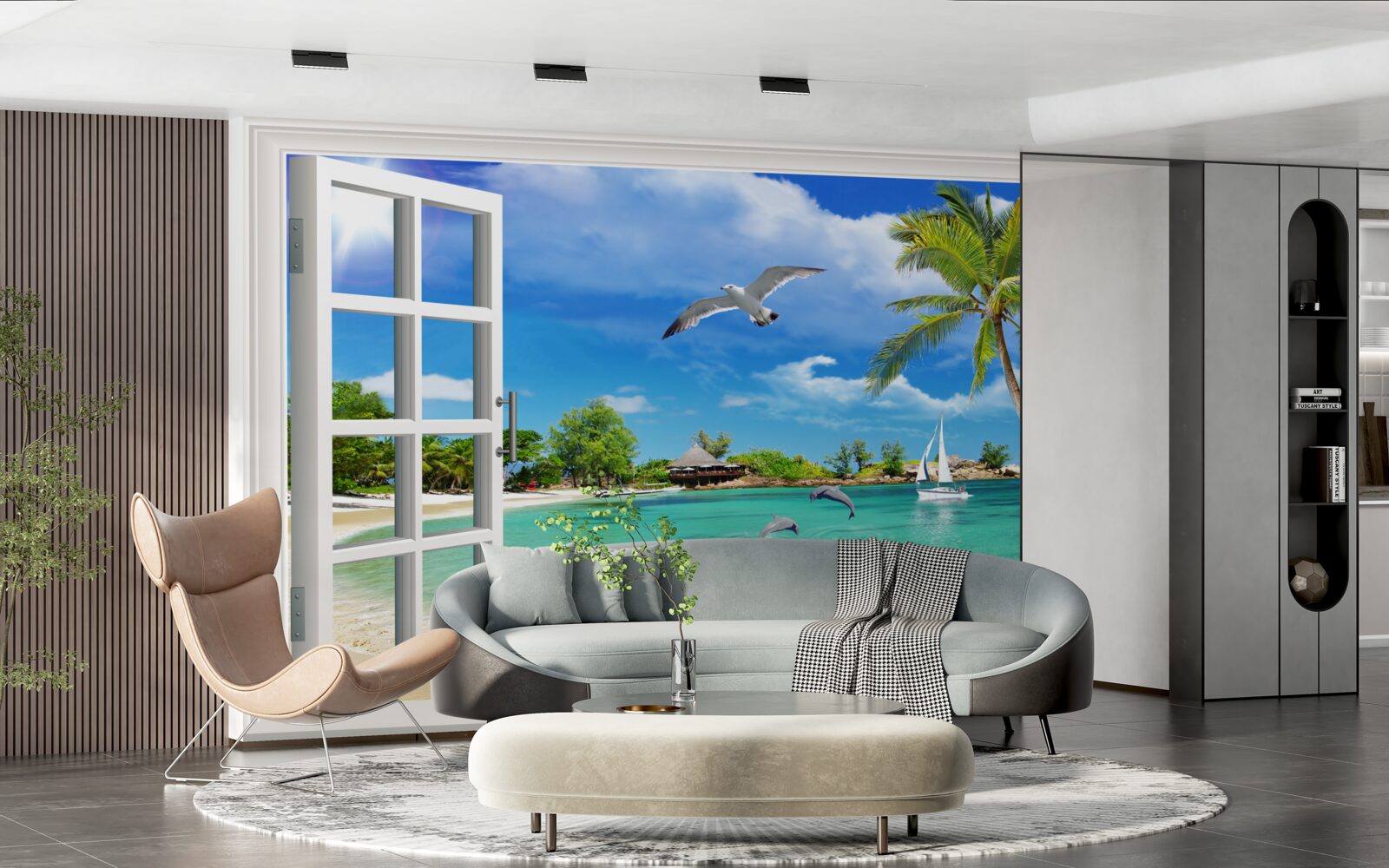 Fotobehang ramen met een ononderbroken uitzicht op het zandstrand en het water