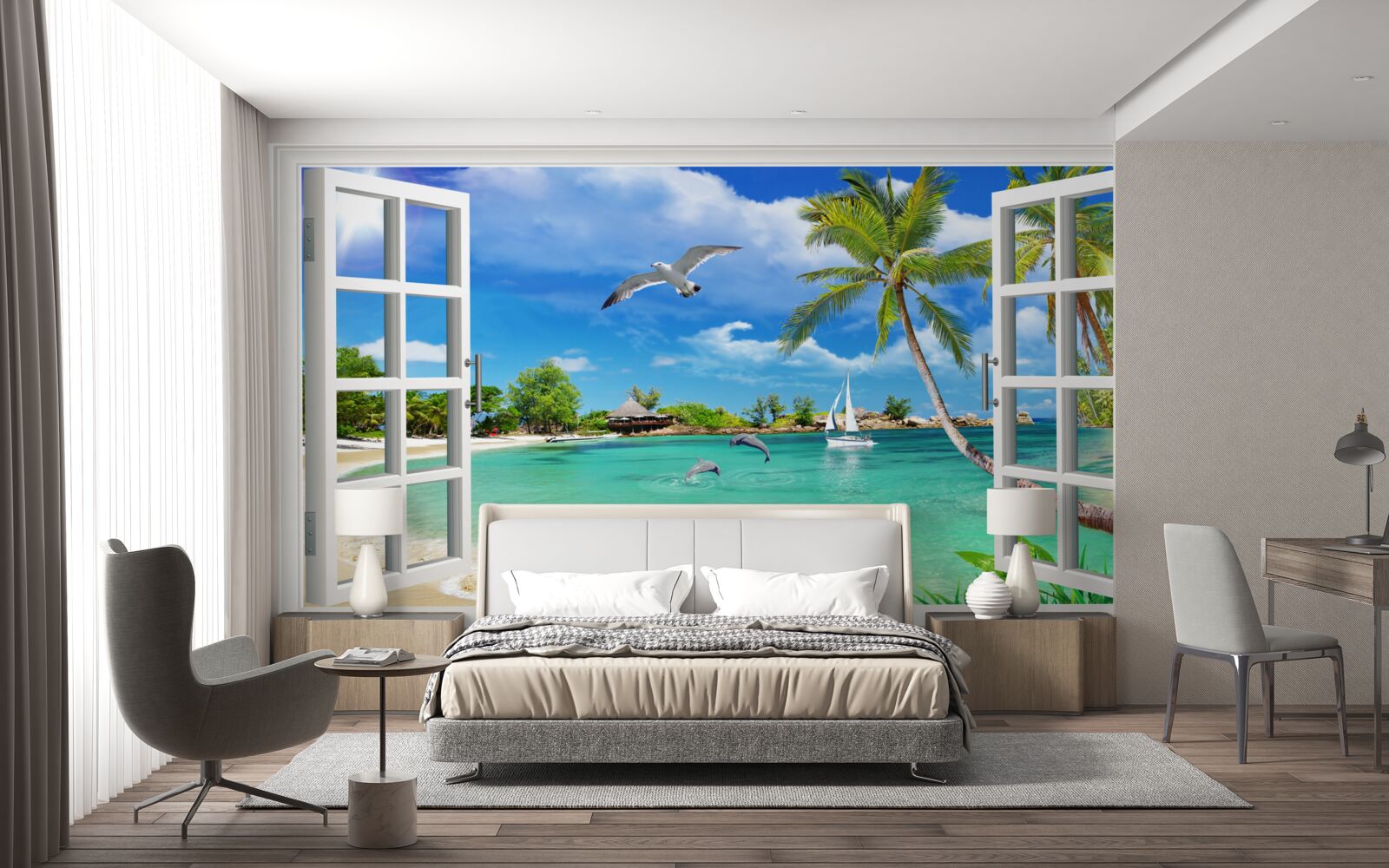 Fotobehang ramen met een ononderbroken uitzicht op het zandstrand en het water