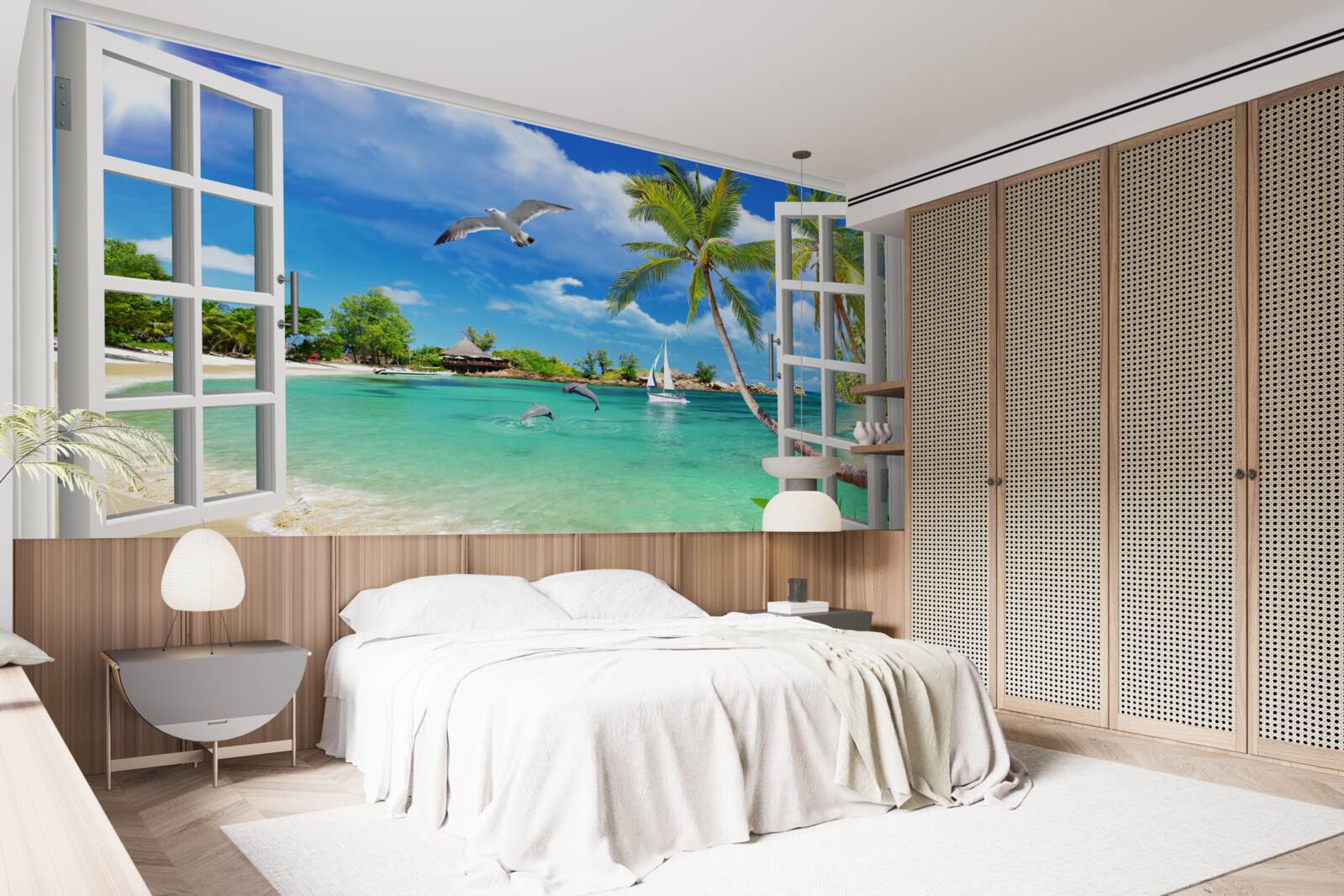 Fotobehang ramen met een ononderbroken uitzicht op het zandstrand en het water