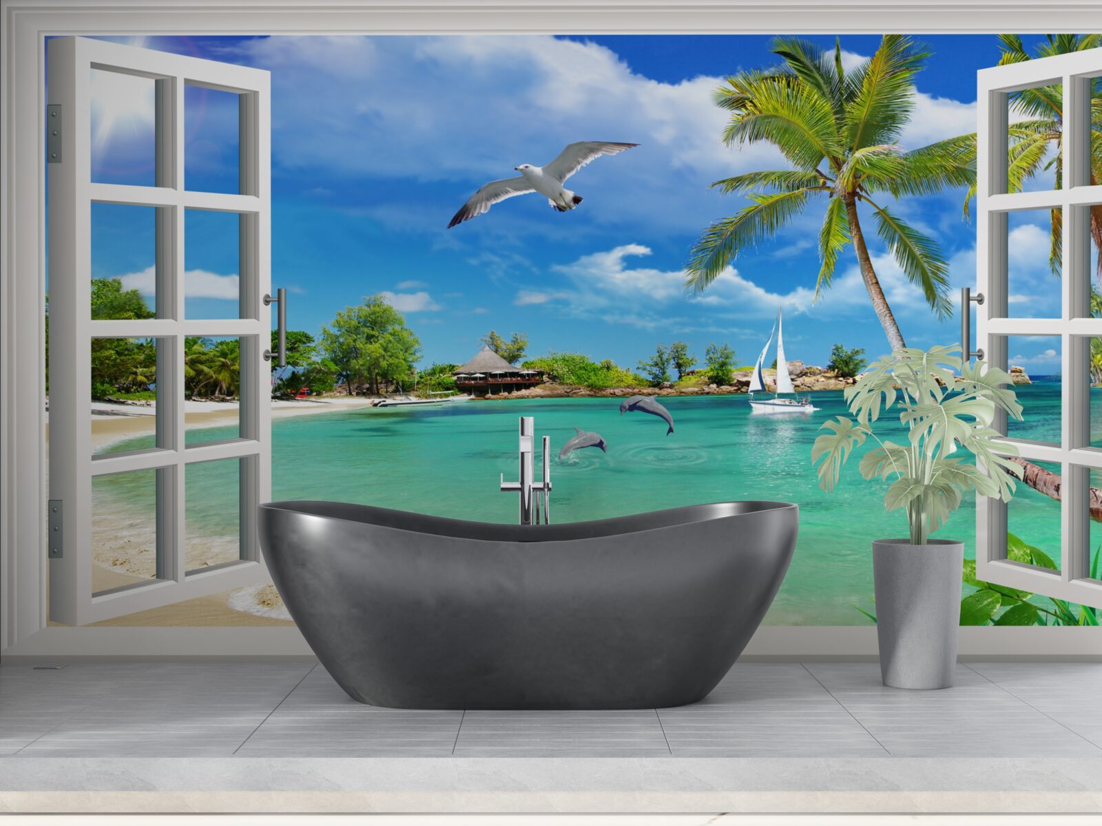 Fotobehang ramen met een ononderbroken uitzicht op het zandstrand en het water