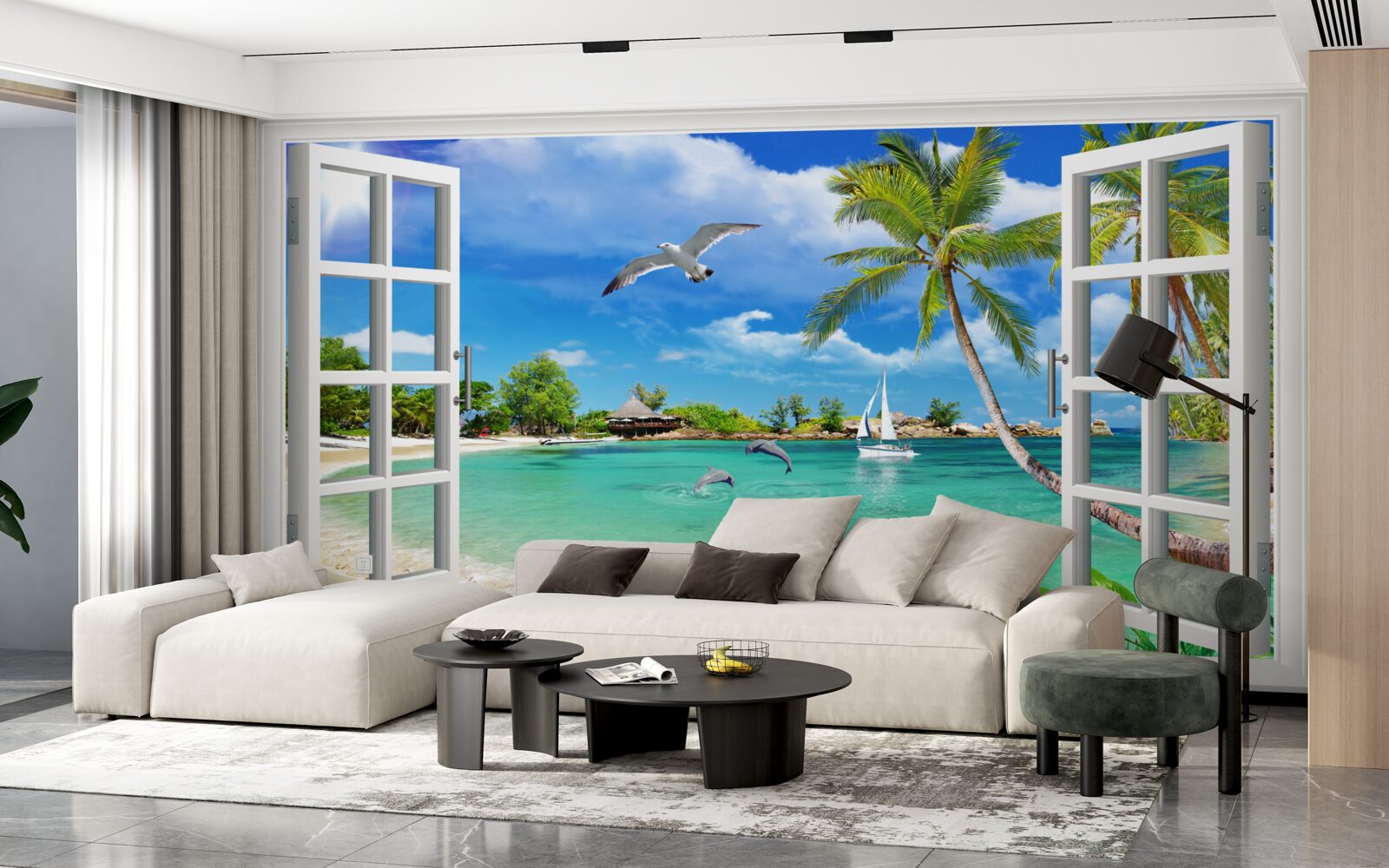 Fotobehang ramen met een ononderbroken uitzicht op het zandstrand en het water