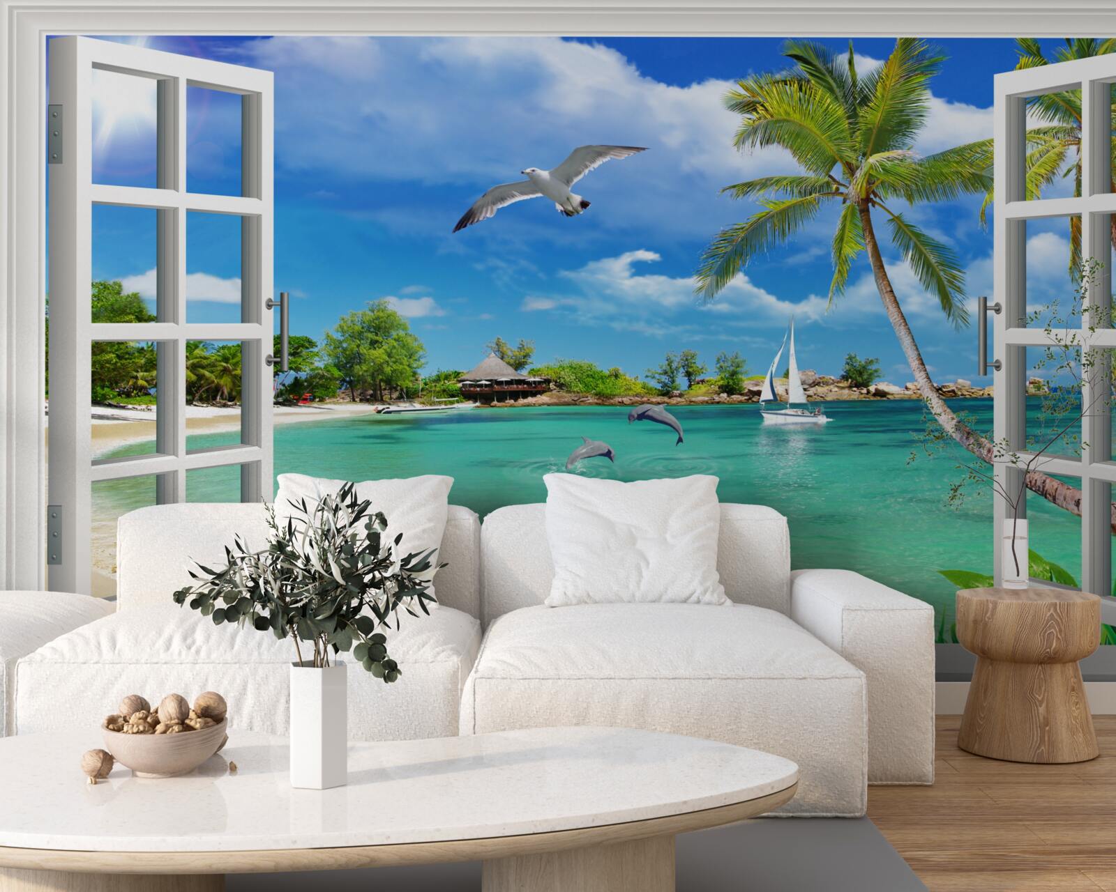 Fotobehang ramen met een ononderbroken uitzicht op het zandstrand en het water